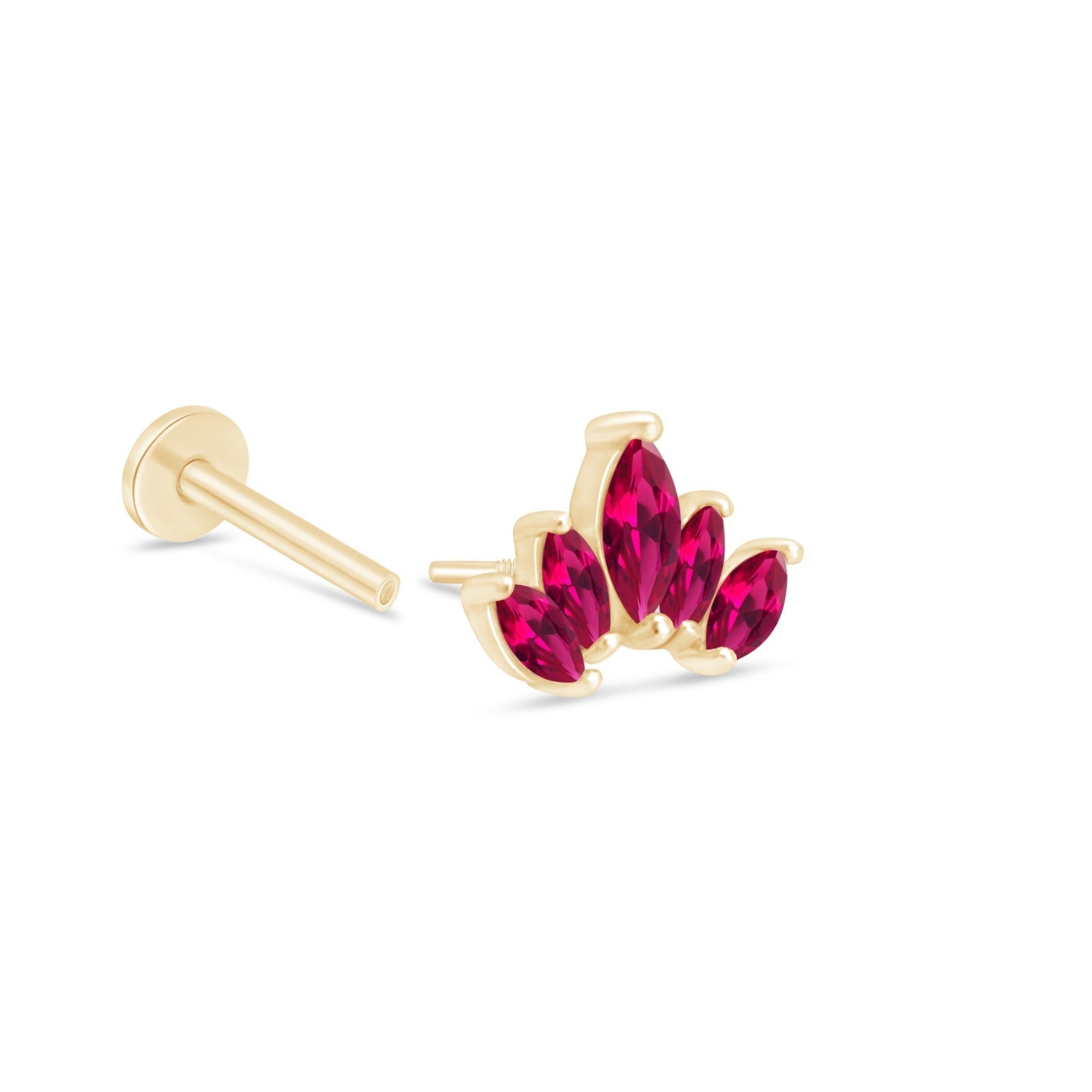 14K Yellow Gold Marquise Cut Ruby Lotus Stud Earrings - Five Petal Flower Design, Flat Back for Comfort - Perfect for Weddings, Parties & Everyday Elegance