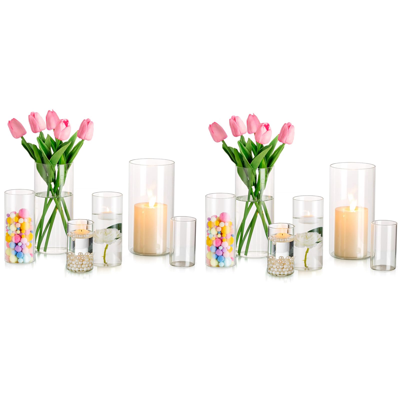 Hewory 12-Piece Glass Hurricane Candle Holder Set - Tall Clear Cylinder Vases for Wedding Centerpieces, Floating & Pillar Candles - Elegant Table Decor for Weddings, Parties & Home Decor
