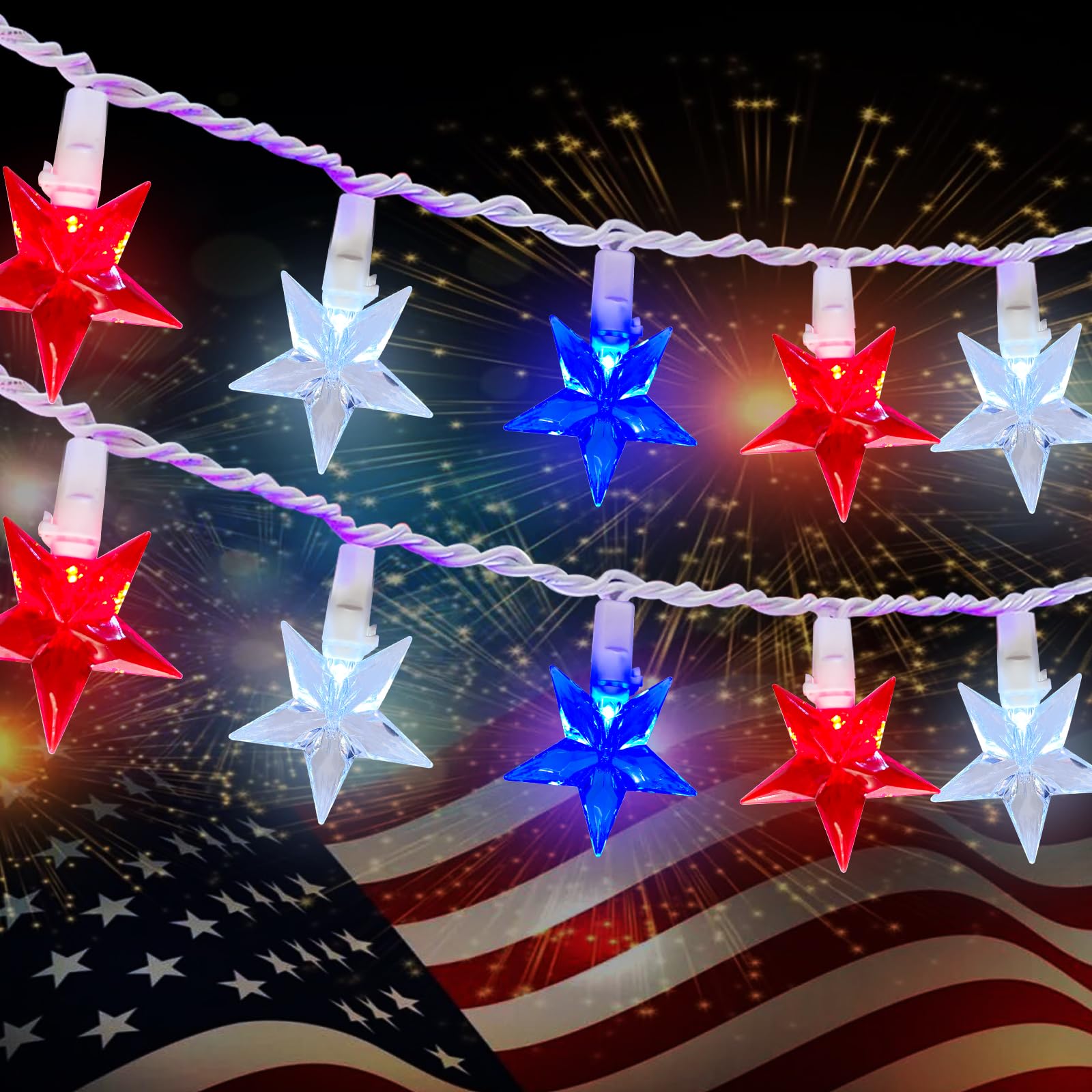 4th of July Patriotic LED String Lights - 35 Red White & Blue Star Fairy Lights for Independence Day Decorations | Outdoor Memorial Day Party Lights | Perfect for Porch, Yard, and Holiday Celebrations
