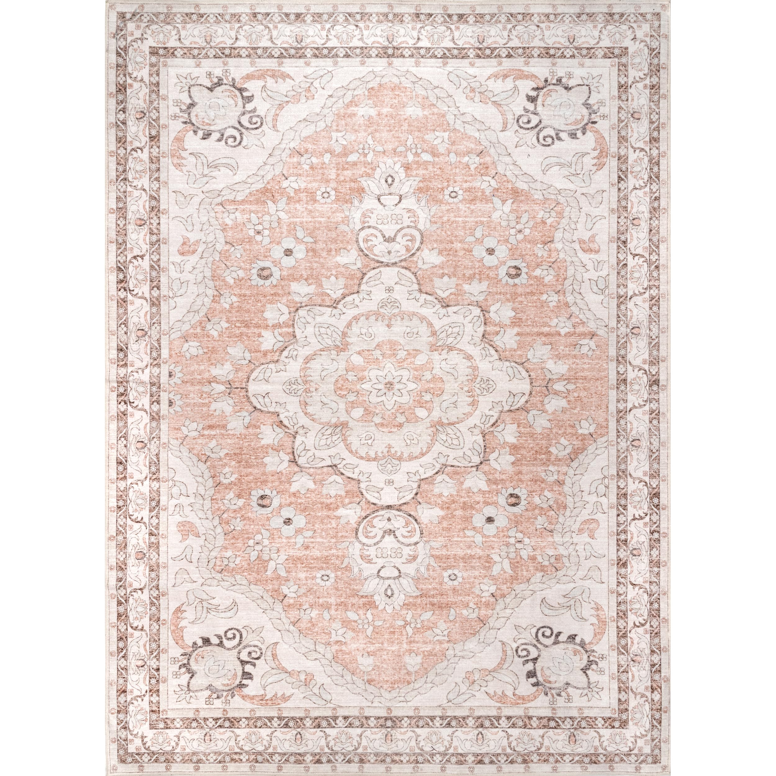 nuLOOM Tracie Machine Washable Floral Medallion Ultra Thin Area Rug 8x10 Peach - Perfect for Living Room, Bedroom & Dorm Decor