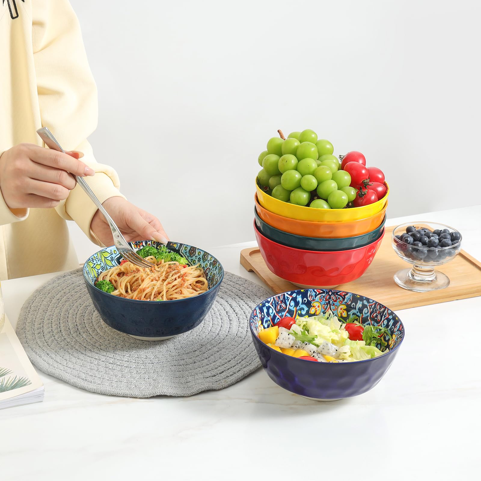 KitchenTour 6-Piece Ceramic Cereal Bowls Set - 26oz Microwave & Dishwasher Safe Soup Bowls for Oatmeal, Salad, Pasta, Dessert - Colorful 6.4 Inch Serving Bowls for Dining, Kitchen, Restaurant & Party Use