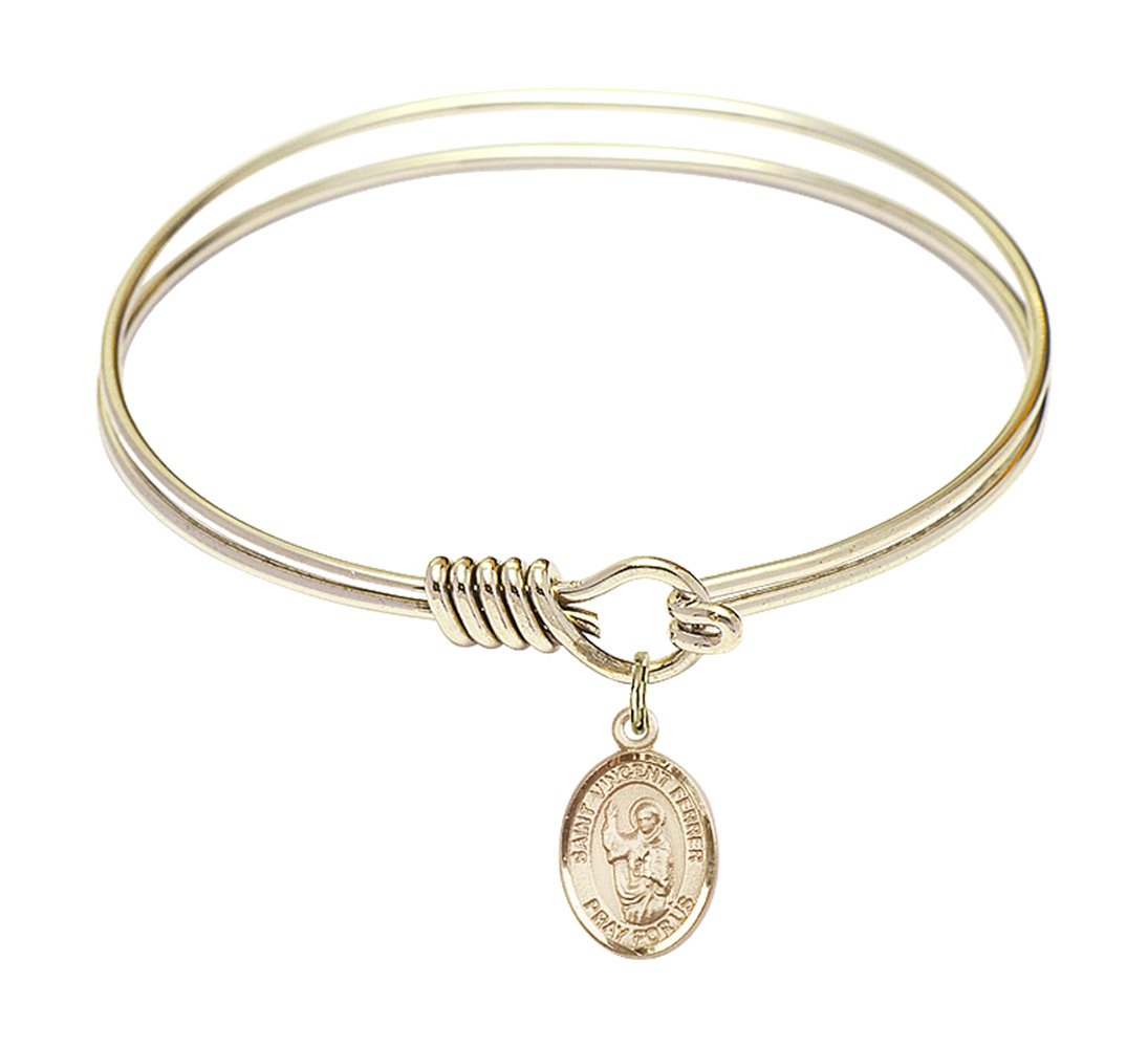 6 1/4 Inch Round Eye Hook Bangle Bracelet with St. Vincent Ferrer Charm - Elegant Religious Jewelry for Women, Perfect for Church, Weddings & Special Occasions