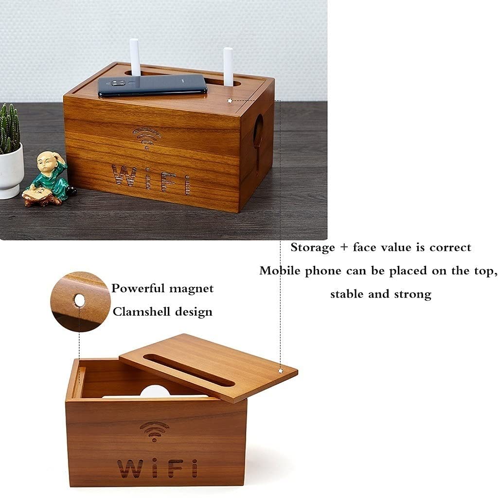 Wooden WiFi Router Storage Box with Power Strip Management - Desktop Organizer for Wireless Router, Cables & Accessories | Perfect for Home Office, Living Room & Bedroom Organization