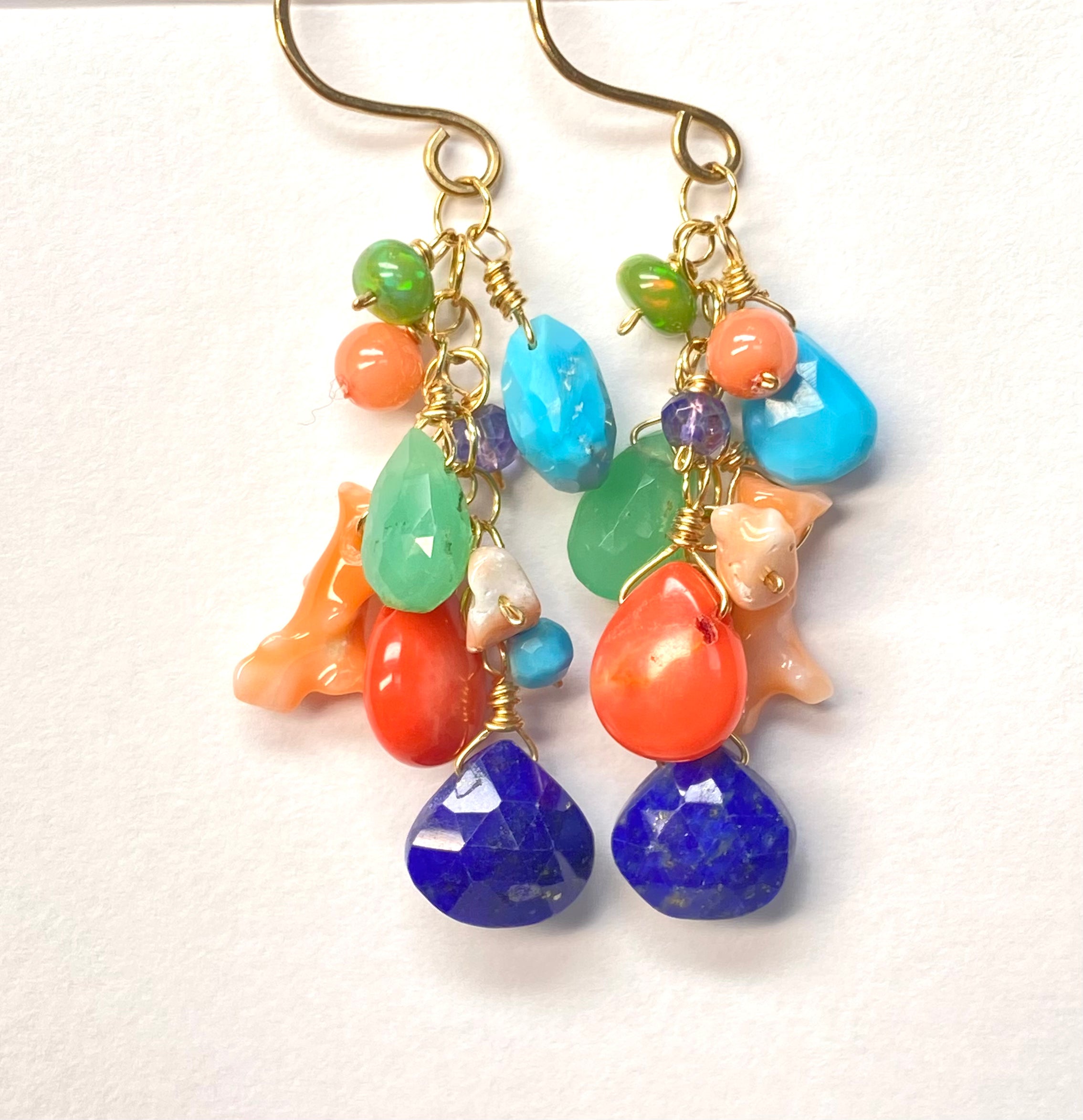 Exquisite Multi Gemstone Gold Dangle Earrings with Coral, Blue Lapis & Turquoise | Elegant Statement Jewelry for Women | Perfect for Parties, Weddings & Special Occasions