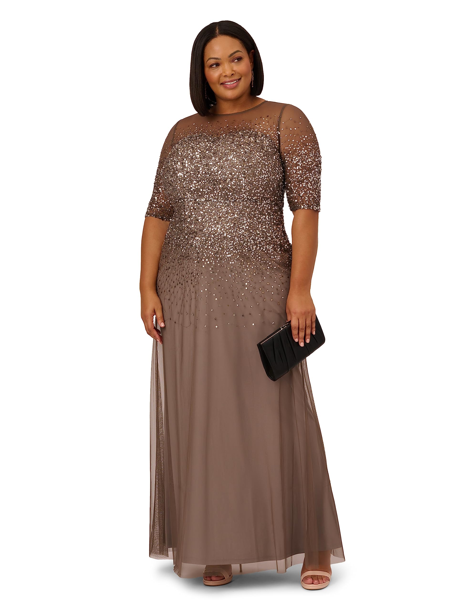 Adrianna Papell Women's Plus Size Beaded Illusion Gown - Elegant Evening Dress for Prom, Wedding & Special Occasions