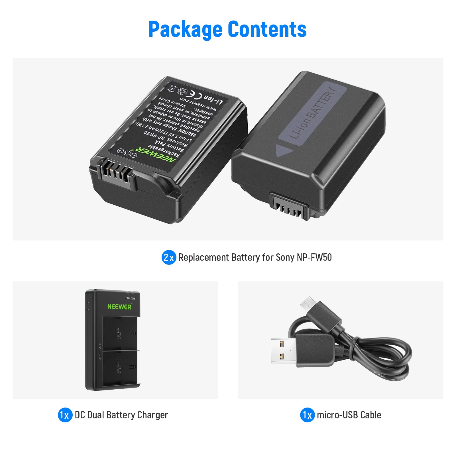 NEEWER NP-FW50 Camera Battery Charger Set for Sony A7, A7R, A7S, A5100, A6000 - Dual USB Charger with 2 Batteries - Perfect for Travel & Professional Photography