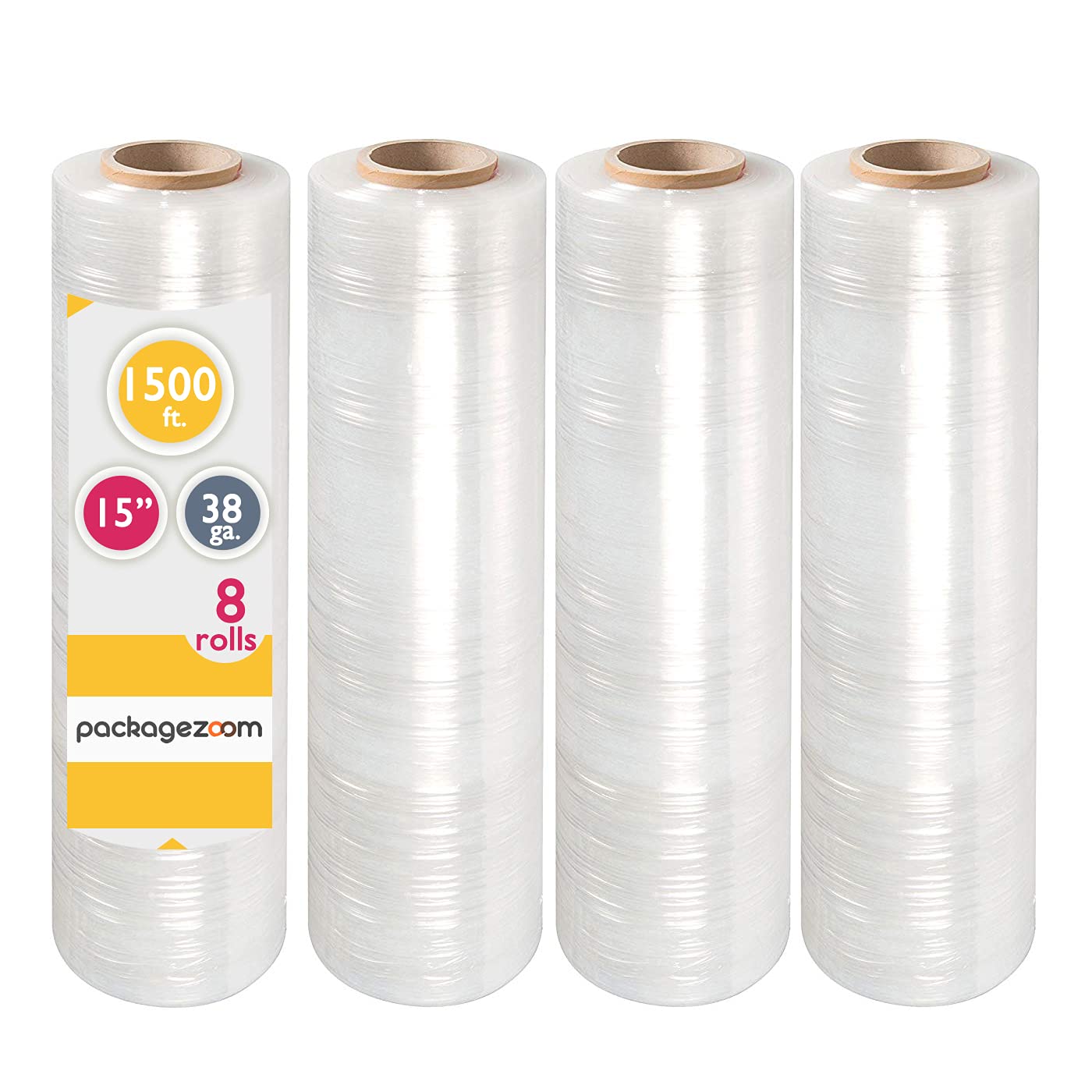 PackageZoom 15” x 1500 ft Pre-Stretched Wrap Film 38 Gauge - Heavy Duty Moving & Packaging Supplies (8 Pack) for Secure Shipping, Storage & Warehouse Protection