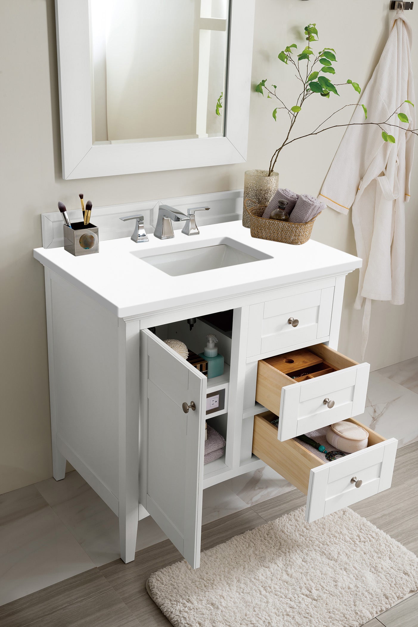 Palisades 36 Inch Single Bathroom Vanity Set with White Zeus Quartz Countertop - Bright White Finish for Modern Bathroom Remodel | Perfect for Small Spaces & Powder Rooms