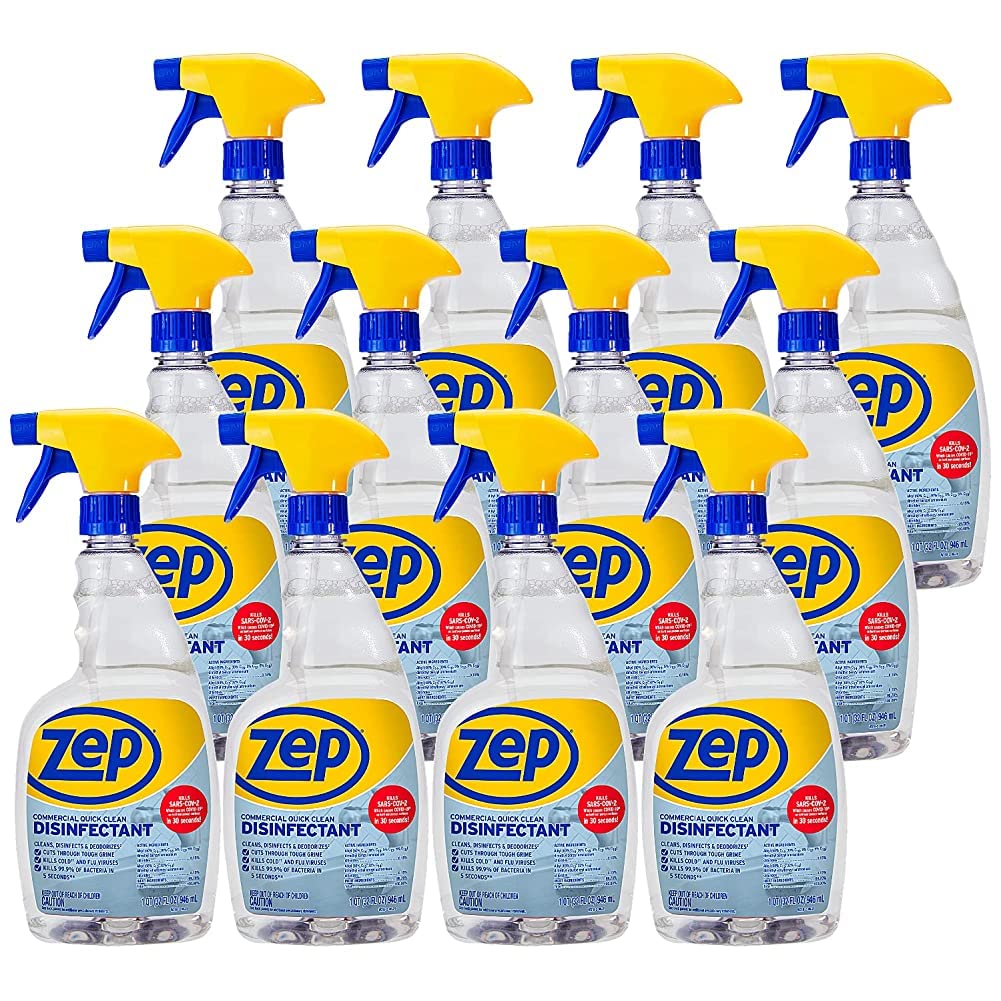 Zep Quick Clean Disinfectant Spray 32 oz (Case of 12) - Kills 99.9% of Bacteria & Viruses in 5 Seconds | Fast-Acting Multi-Surface Cleaner for Home, Office & Commercial Use | EPA Registered Disinfectant (ZUQCD32)