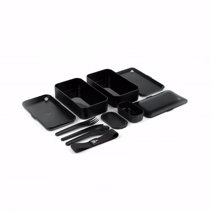 Bento Tek 41 oz Black Buddha Box - All-in-One Lunch Container with Utensils & Sauce Cup (7.25