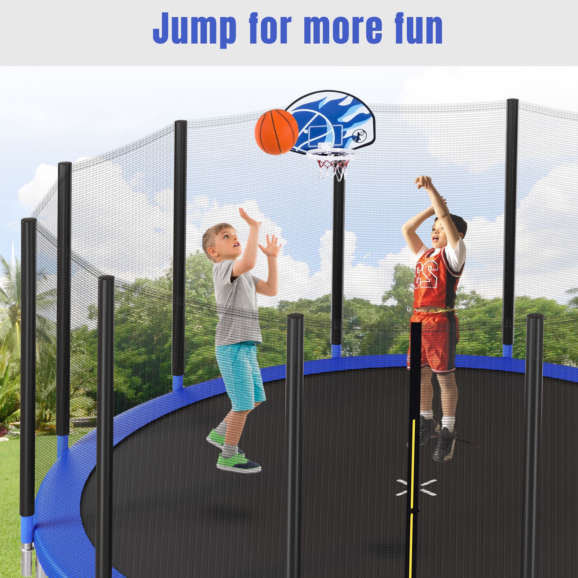 16FT Kids Trampoline with Safety Enclosure Net, Basketball Hoop & Ladder - Easy Assembly Round Outdoor Trampoline for Backyard Fun & Exercise
