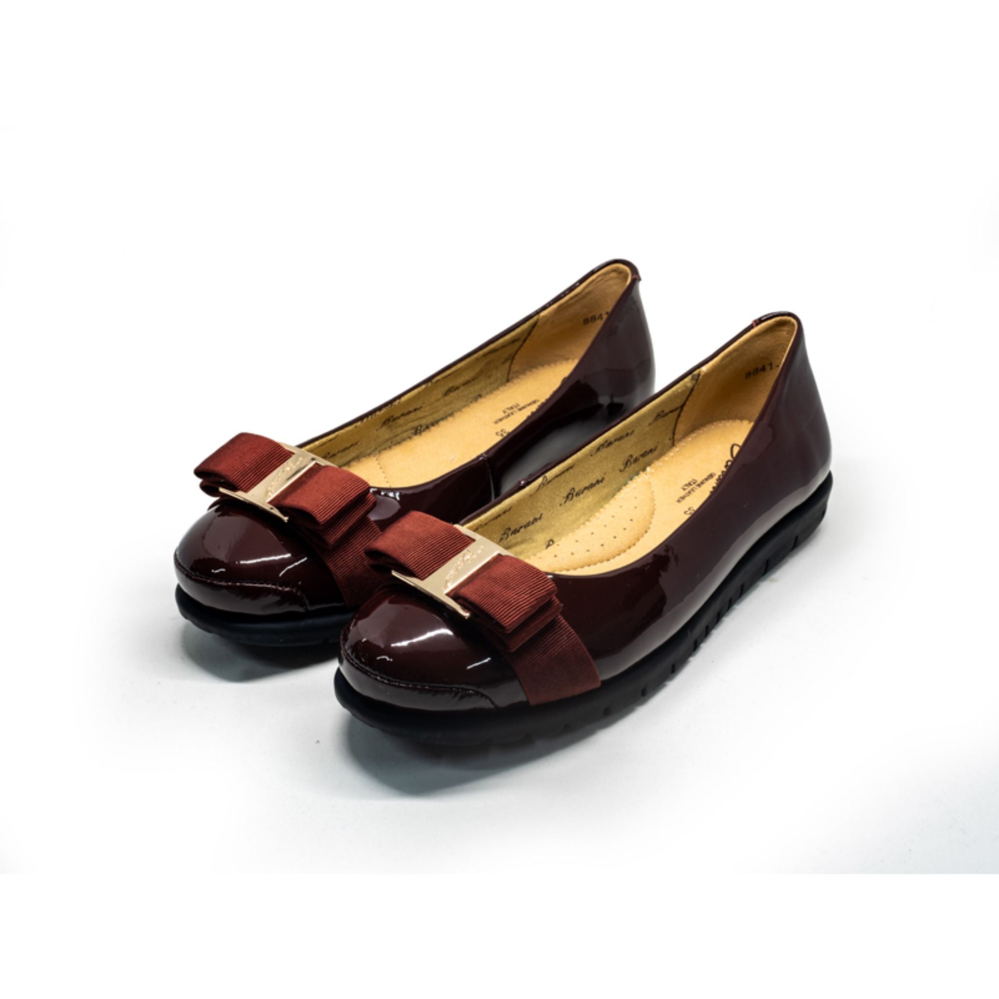 Barani Leather Pumps & Ballet Flats with Fixed Buckle - Women's Comfortable Dress Shoes 8841-199 in Maroon Patent Leather - Perfect for Office, Wedding & Formal Occasions