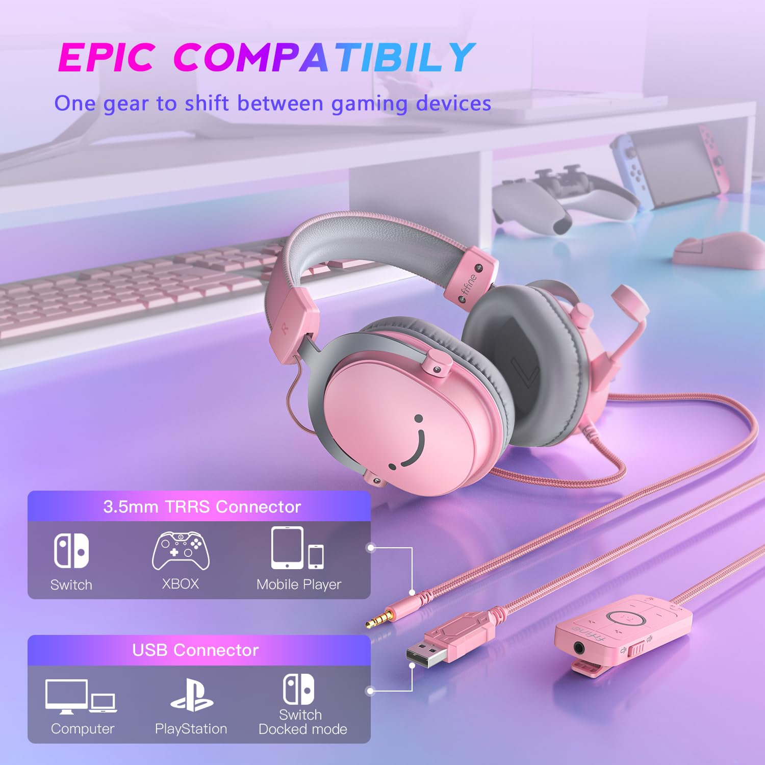 FIFINE Pink Gaming Headset with Microphone - 3.5mm/USB Over-Ear Headphones for PC, Xbox, PS4/PS5 - 7.1 Surround Sound, Detachable Mic & Soft Earmuffs - Perfect for Gaming, Streaming & Online Meetings (AmpliGame H9 Pink)