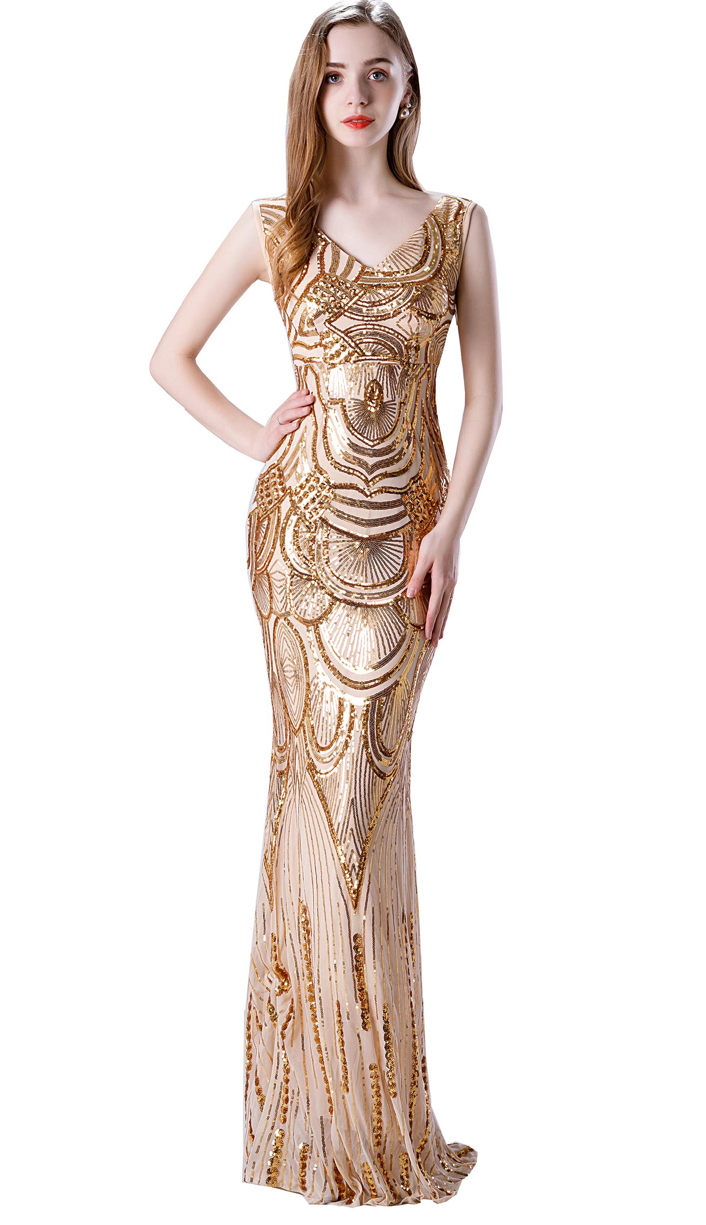 Ikerenwedding Women's Double V-Neck Sequins Sleeveless Mermaid Evening Dress - Elegant Formal Gown for Prom, Wedding, Cocktail Party & Special Occasions