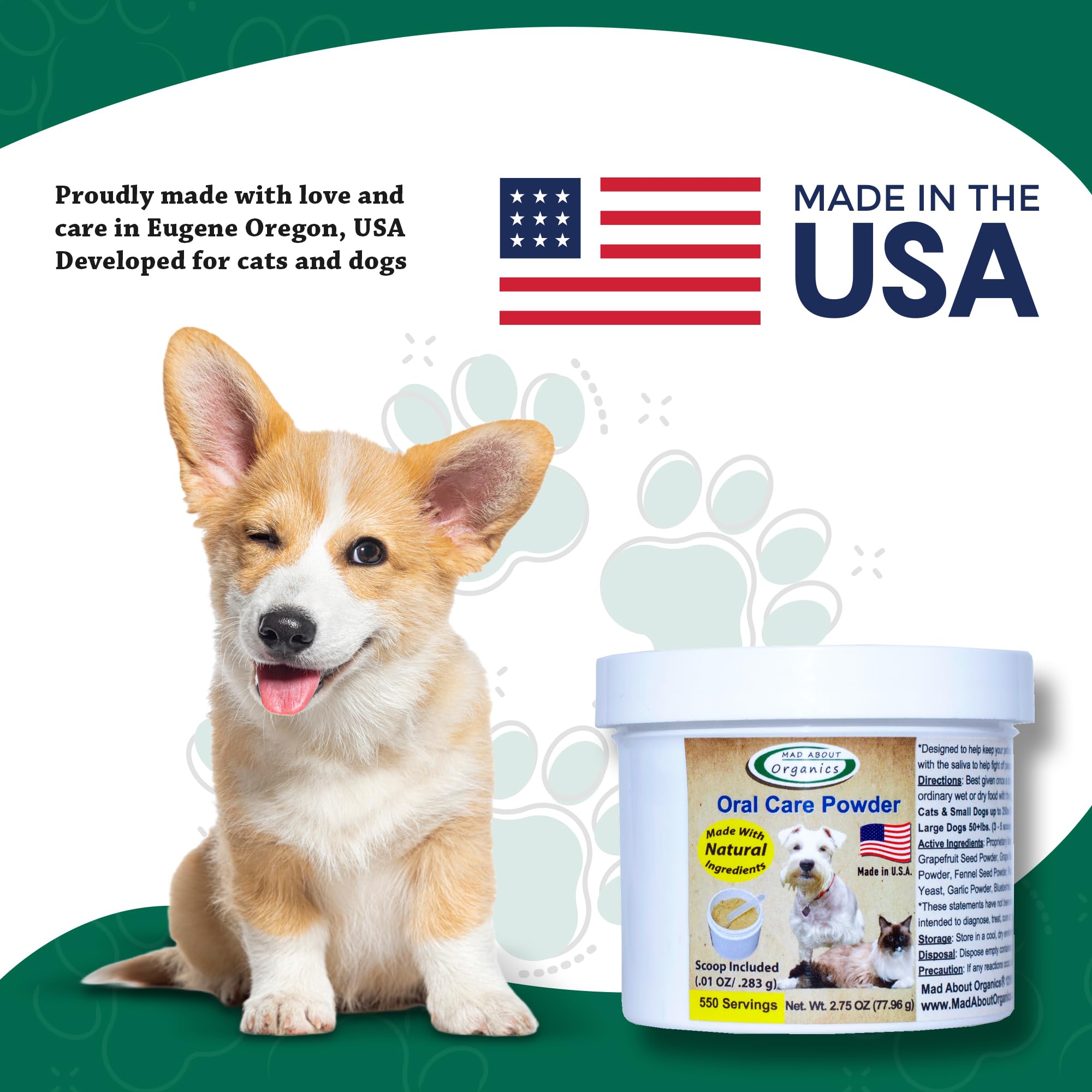 Natural Dog & Cat Dental Powder - Tartar & Plaque Remover for Fresh Breath | Pet Teeth Cleaning Powder for Oral Hygiene | 550 Servings (77.96g) | Perfect for Daily Dental Care & Bad Breath Prevention
