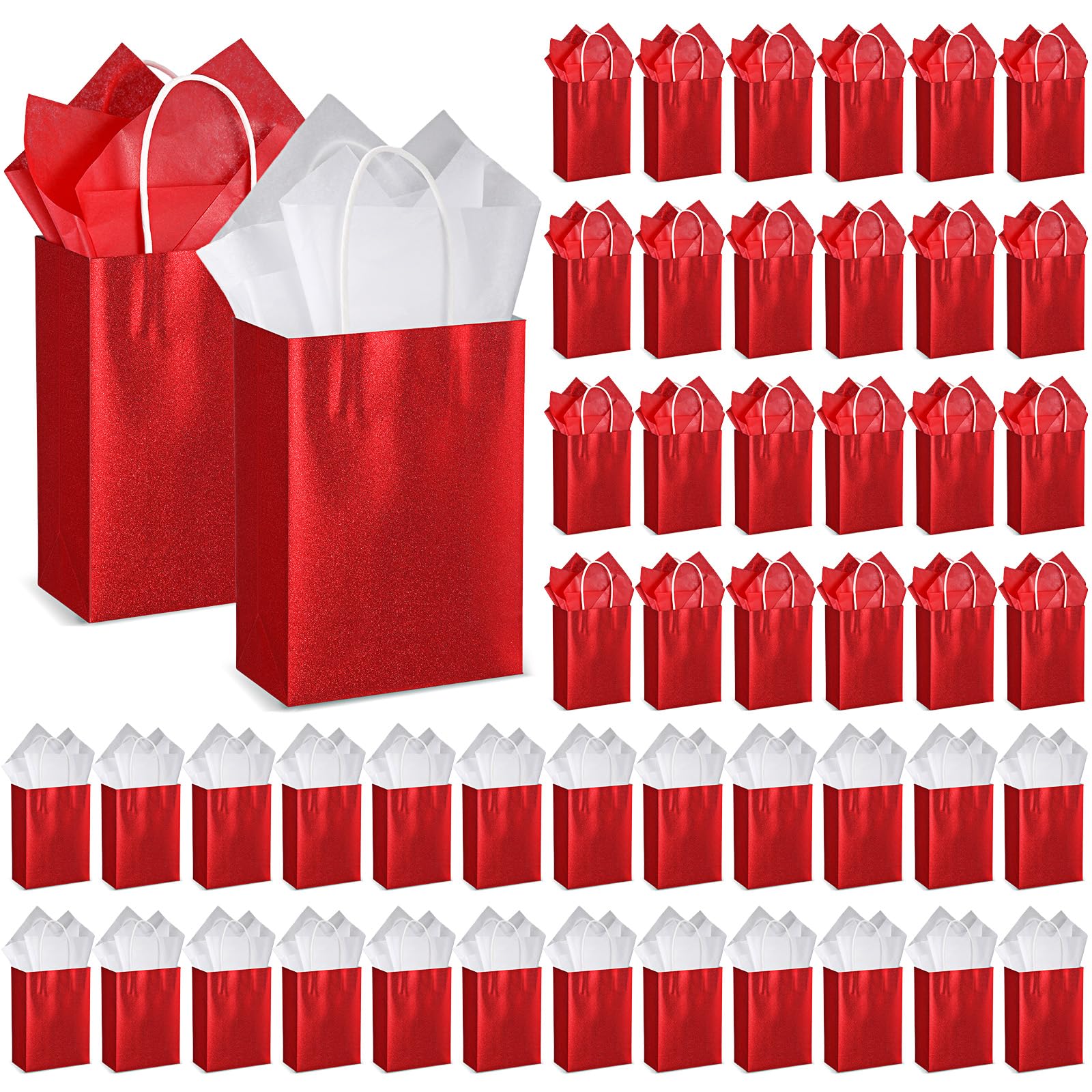 50 Pcs 8.2x5.9 Inch Glitter Kraft Paper Favor Bags with 100 Tissue Wrapping Paper - Bulk Wedding, Bridal, Baby Shower & Birthday Gift Bags with Handles (Red) - Perfect for Christmas Gifts, Party Favors and Special Occasions