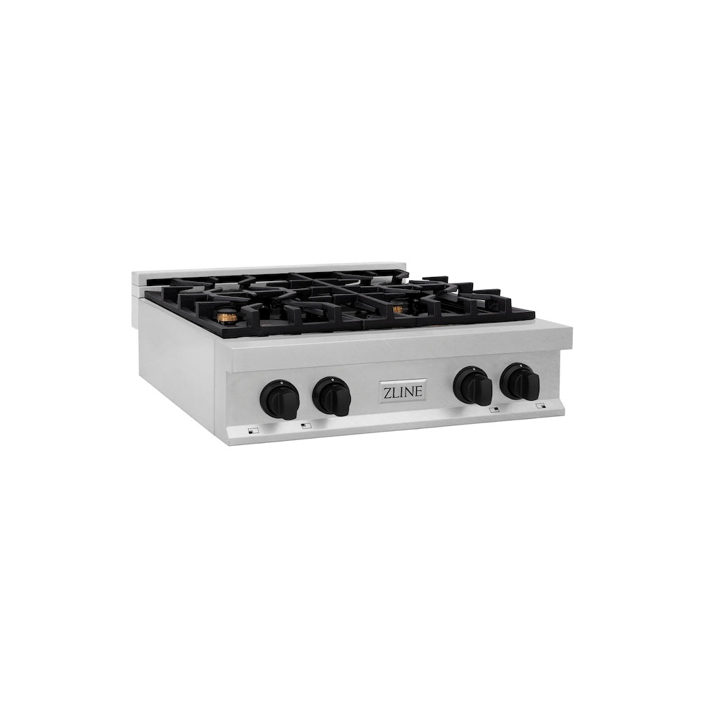 ZLINE Autograph Edition 30 Inch 4-Burner Gas Rangetop with Porcelain Cooktop - Satin Stainless Steel & Matte Black Accents (RTSZ 30 MB) | Professional Kitchen Stove for Home Chefs & Cooking Enthusiasts