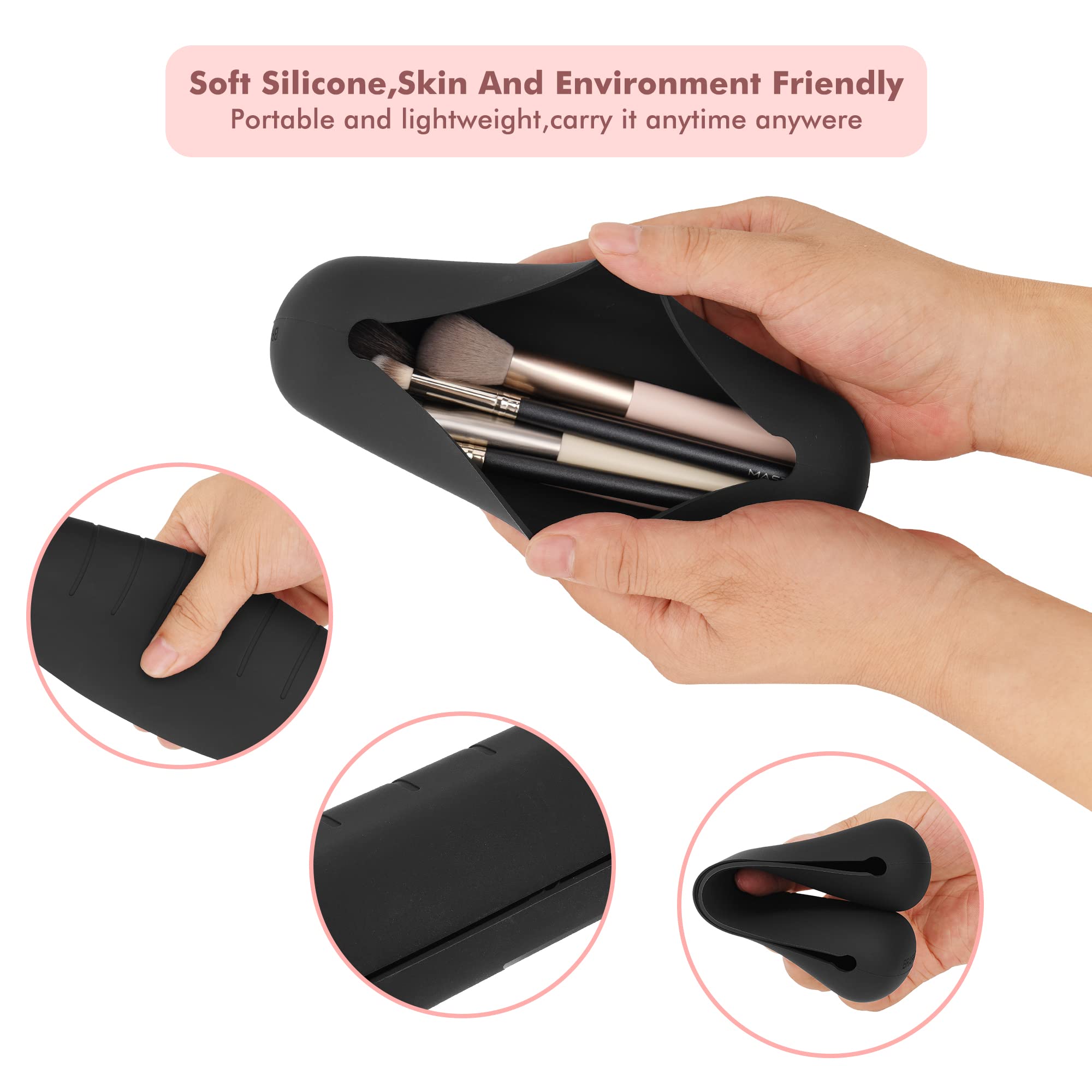Premium Silicone Travel Makeup Brush Holder - Portable Cosmetic Organizer Case for Face Brushes (Black) | Ideal for On-the-Go Makeup Artists & Travelers