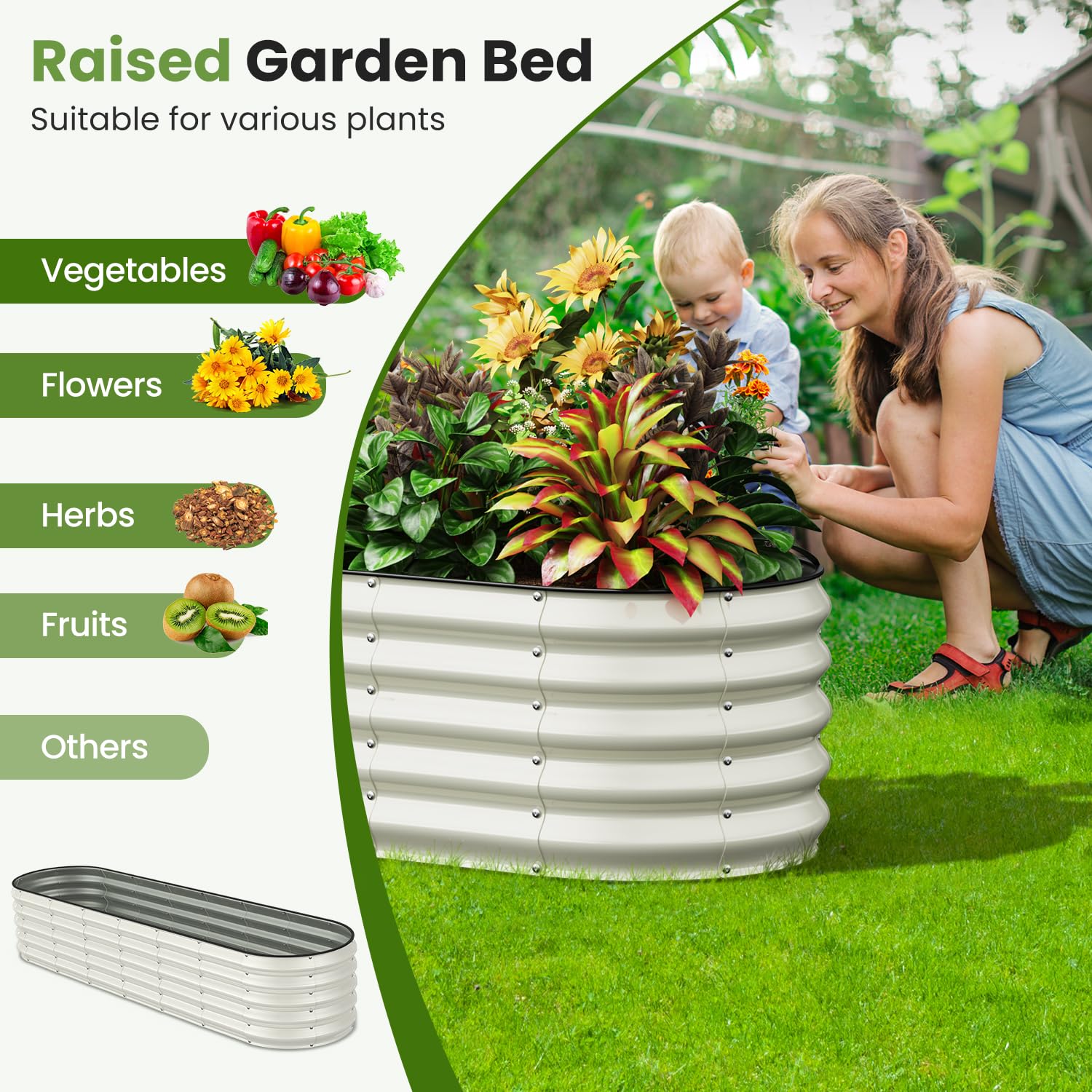 Galvanized Steel Oval Raised Garden Bed Kit - 8x2x1.5 FT Large Metal Planter Box for Vegetables, Flowers & Herbs | Outdoor Gardening Solution | Pearl White Finish | Perfect for Backyards, Patios & Urban Farming