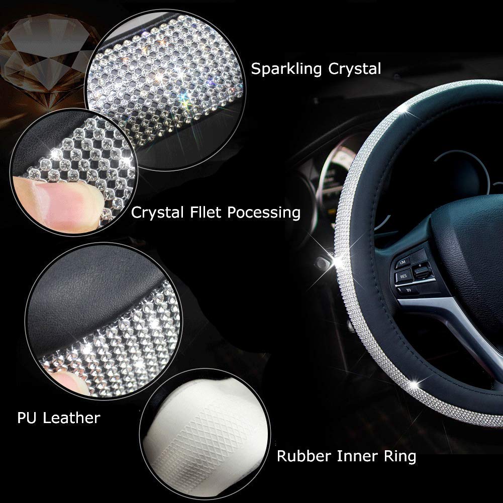 Diamond Leather Steering Wheel Cover with Rhinestones - Universal Fit 15 Inch Car Wheel Protector for Women & Girls - Black Luxury Car Accessory for Driving Comfort & Style Enhancement