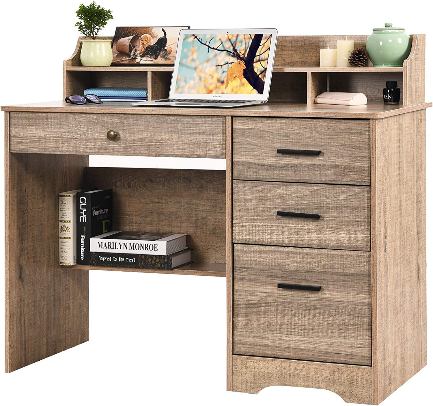 Catrimown Wooden Computer Desk with Drawers & Hutch - Home Office Desk for Small Spaces, Student Writing Table, Laptop Workstation - Perfect for Bedrooms, Dorm Rooms & Compact Home Offices (Grey)