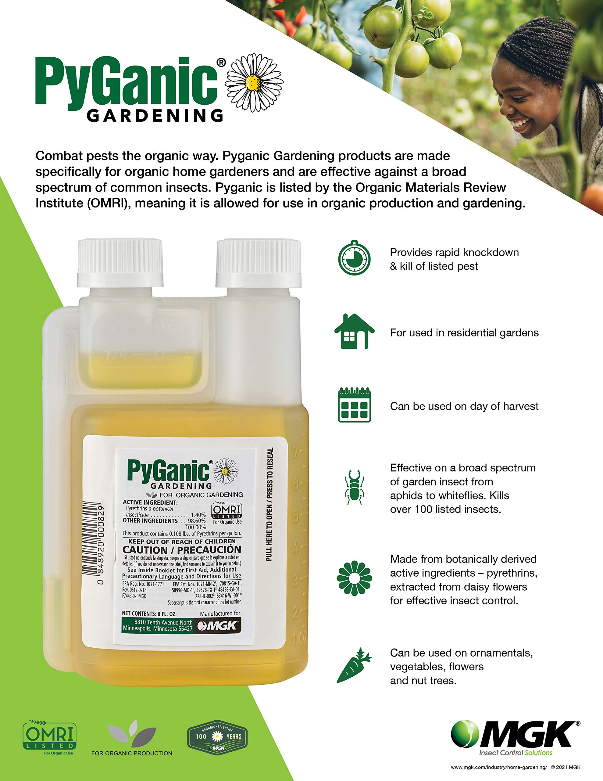 Organic Pyrethrin Concentrate Insecticide 8oz - PyGanic Botanical Spray for Organic Gardening | Kills Aphids, Mites & More | Safe for Vegetables, Fruits & Flowers