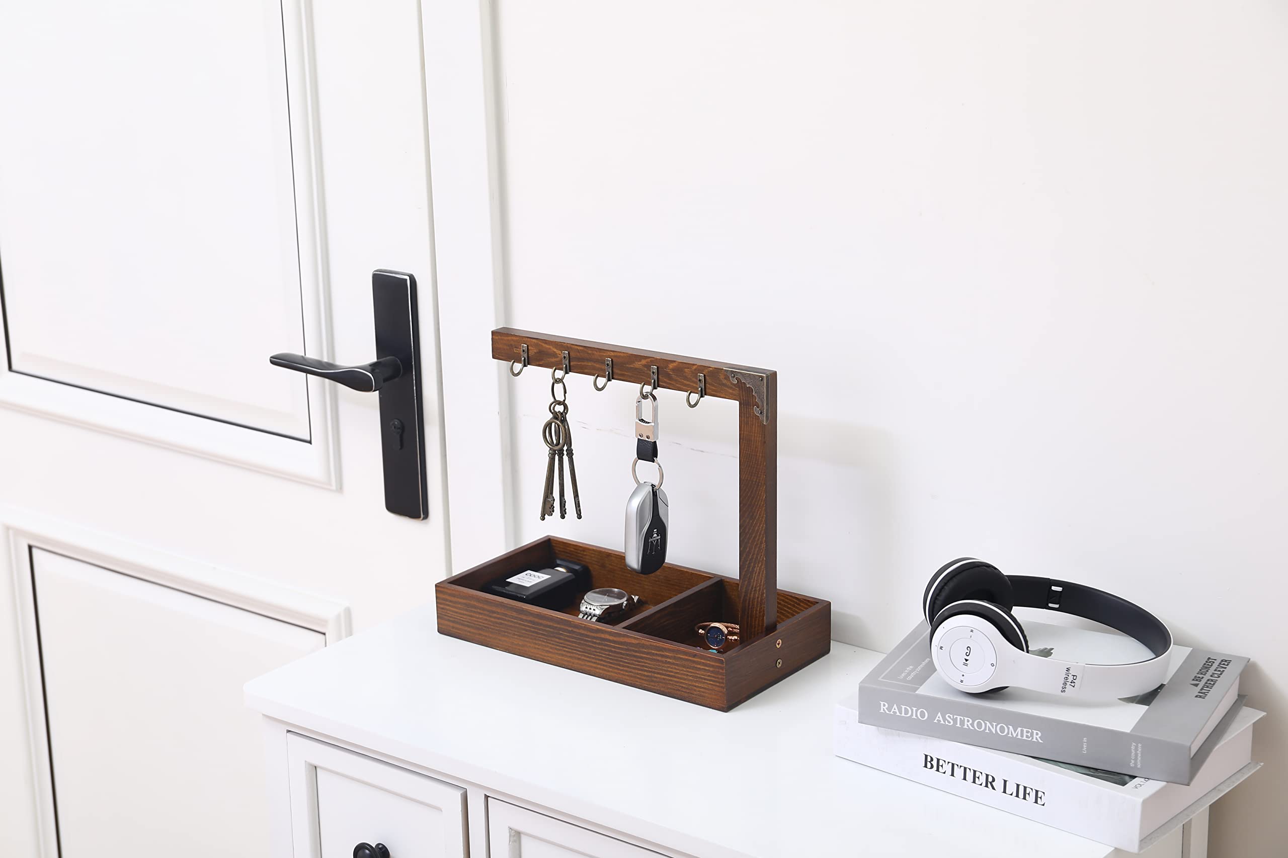 Rustic Wooden Entryway Key Holder with Storage Tray & Brass Hooks - Wall Mounted Organizer for Keys, Jewelry & Small Items | Perfect for Home, Office & Apartment Entryway Decor