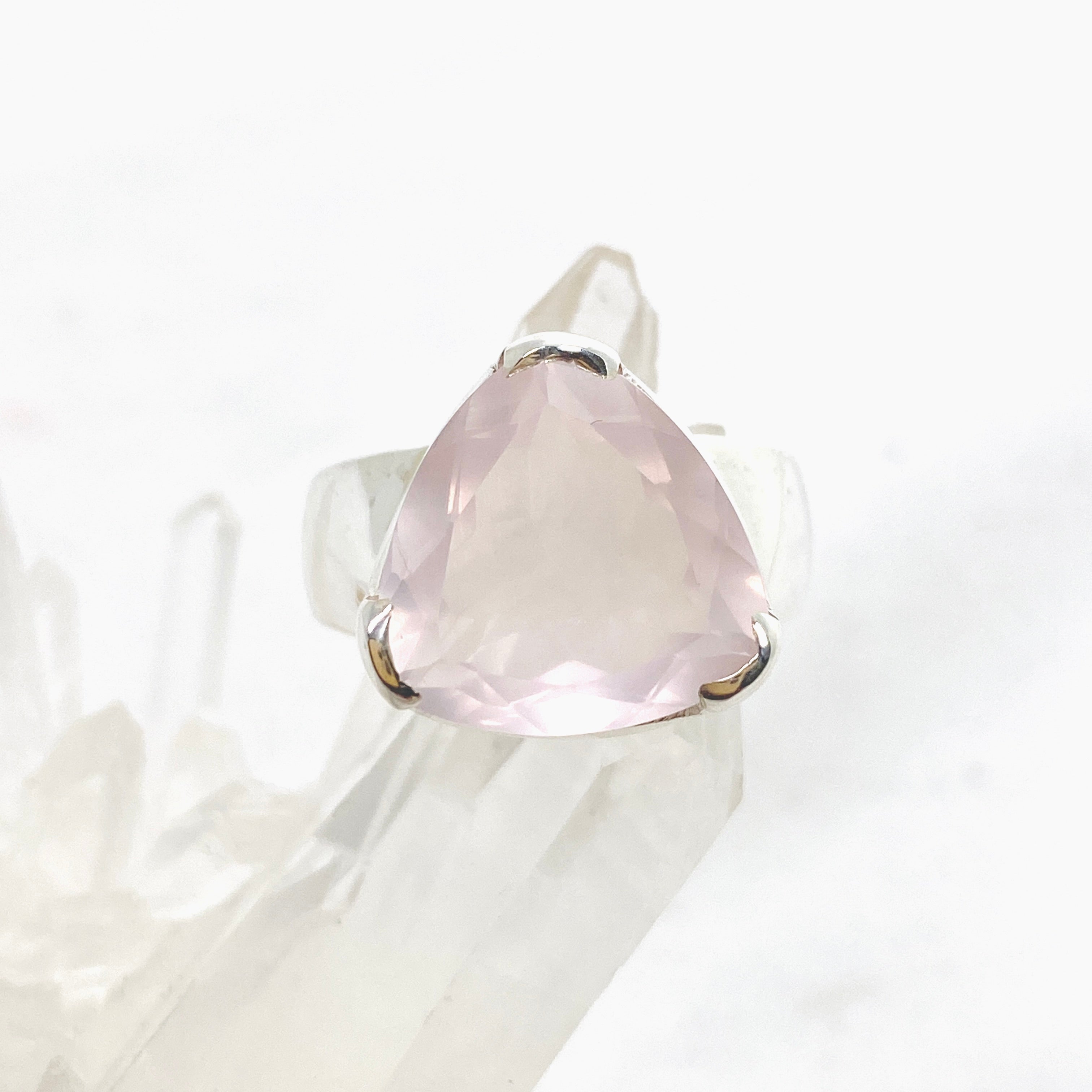 Rose Quartz Triangular Faceted Ring - Size 10 - KRGJ3324 - Elegant Boho Jewelry for Women, Perfect for Weddings, Parties & Everyday Wear