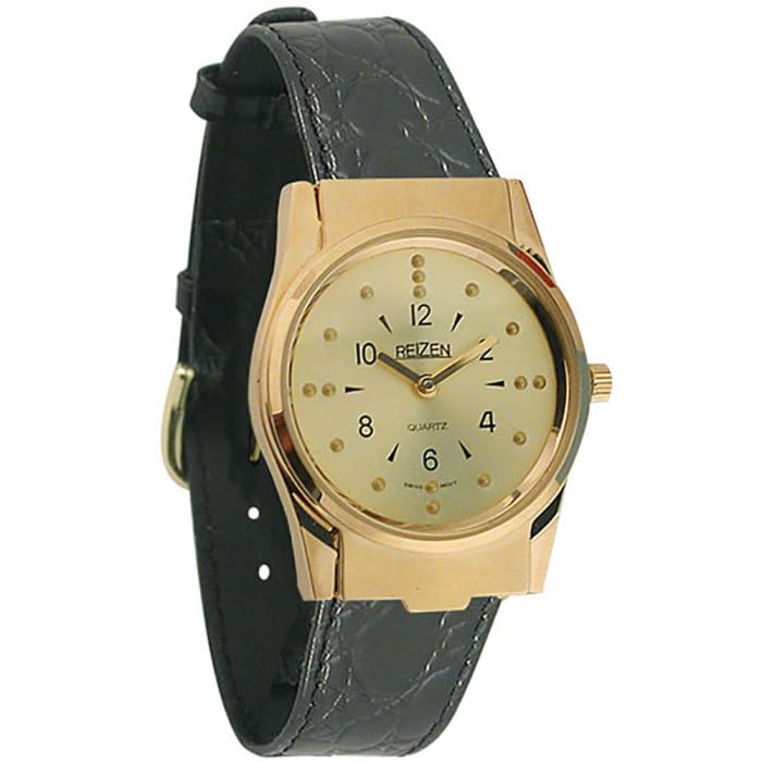 Braille Watch for Visually Impaired - Gold-Tone Stainless Steel Case with Genuine Leather Band - Tactile Timepiece for Blind & Low Vision Users - Perfect for Daily Wear, Gifts & Accessibility Needs