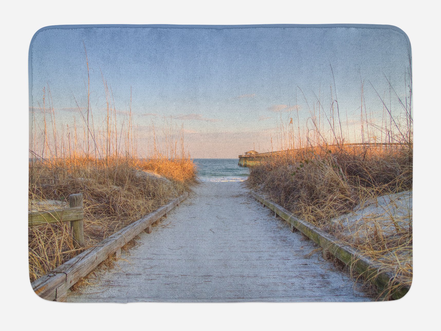 Lunarable Plush Non-Slip Beach Bath Mat - Sunset Sea Oats Coastal Decor for Bathroom, 30.2 x 20 Inches, Pale Brown Blue - Perfect for Beach House, Coastal Theme Bathroom & Vacation Home Decor