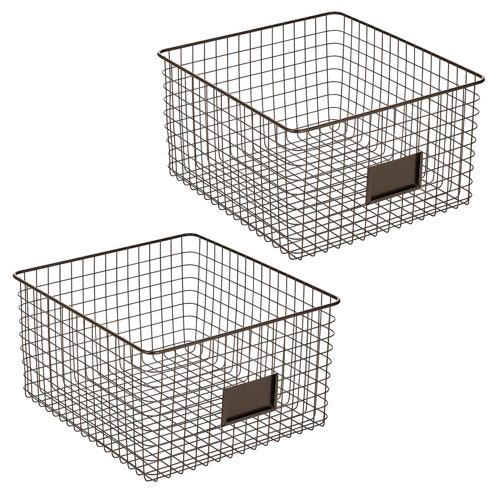 Farmhouse Metal Storage Bins with Label Slots - 2 Pack Bronze Wire Organizing Baskets for Closet, Cabinet & Cupboard | Perfect for Clothing, Linens, Shoes & Home Organization | Omaha Collection Storage Solution
