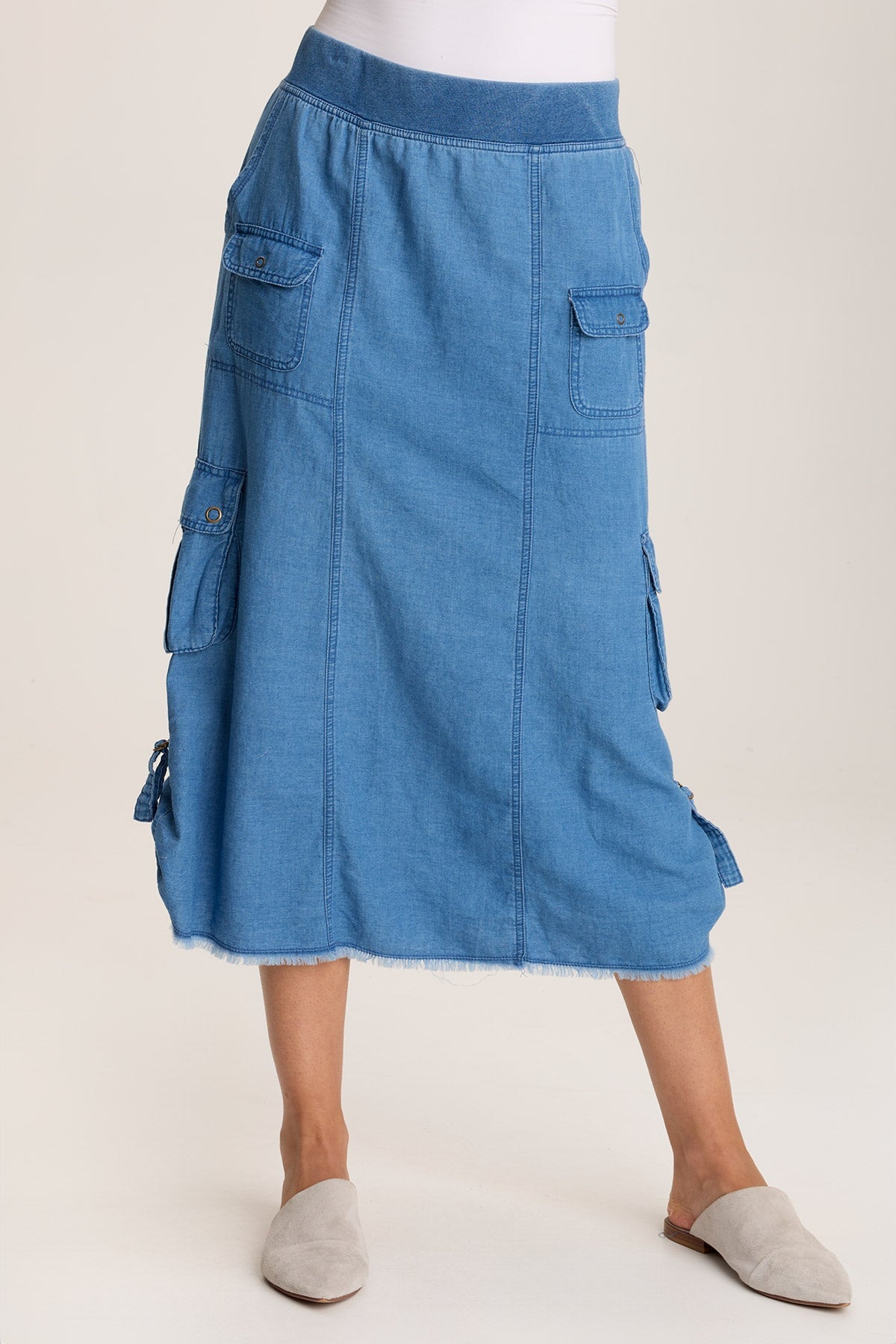 Chesney Women's Mock Denim Cargo Midi Skirt - Stretch Comfort Fit Casual A-Line Skirt for Everyday Wear, Work & Date Nights