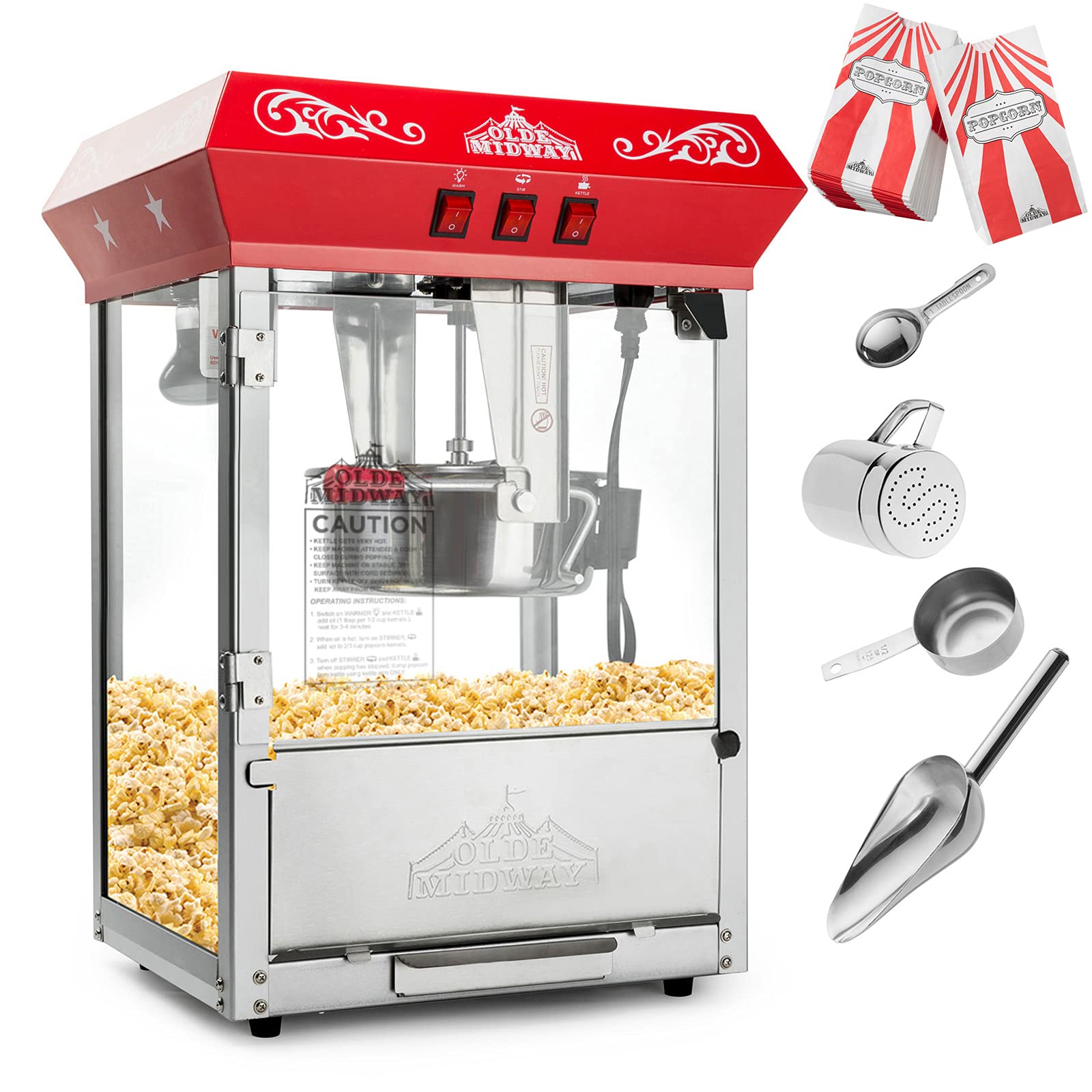 Olde Midway Bar Style Popcorn Machine Maker Popper with 10-Ounce Kettle - Red | Commercial & Home Theater Snack Maker for Parties, Movie Nights & Carnivals
