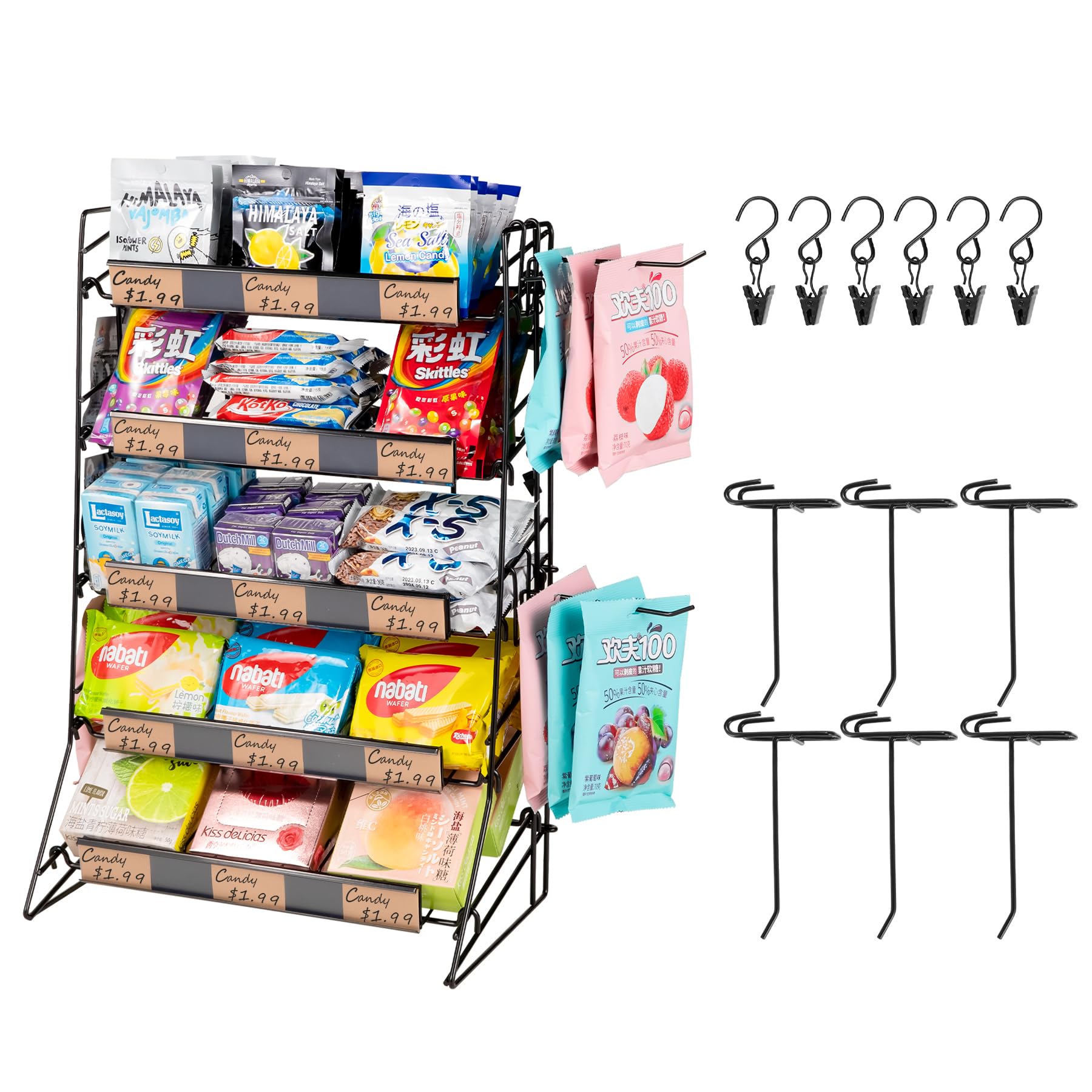 5-Tier Black Metal Candy Display Rack with Snack Clips - Versatile Countertop Snack Shelf & Chip Organizer for Retail Stores, Supermarkets, and Convenience Shops - Perfect for Candy, Chips, and Snack Organization
