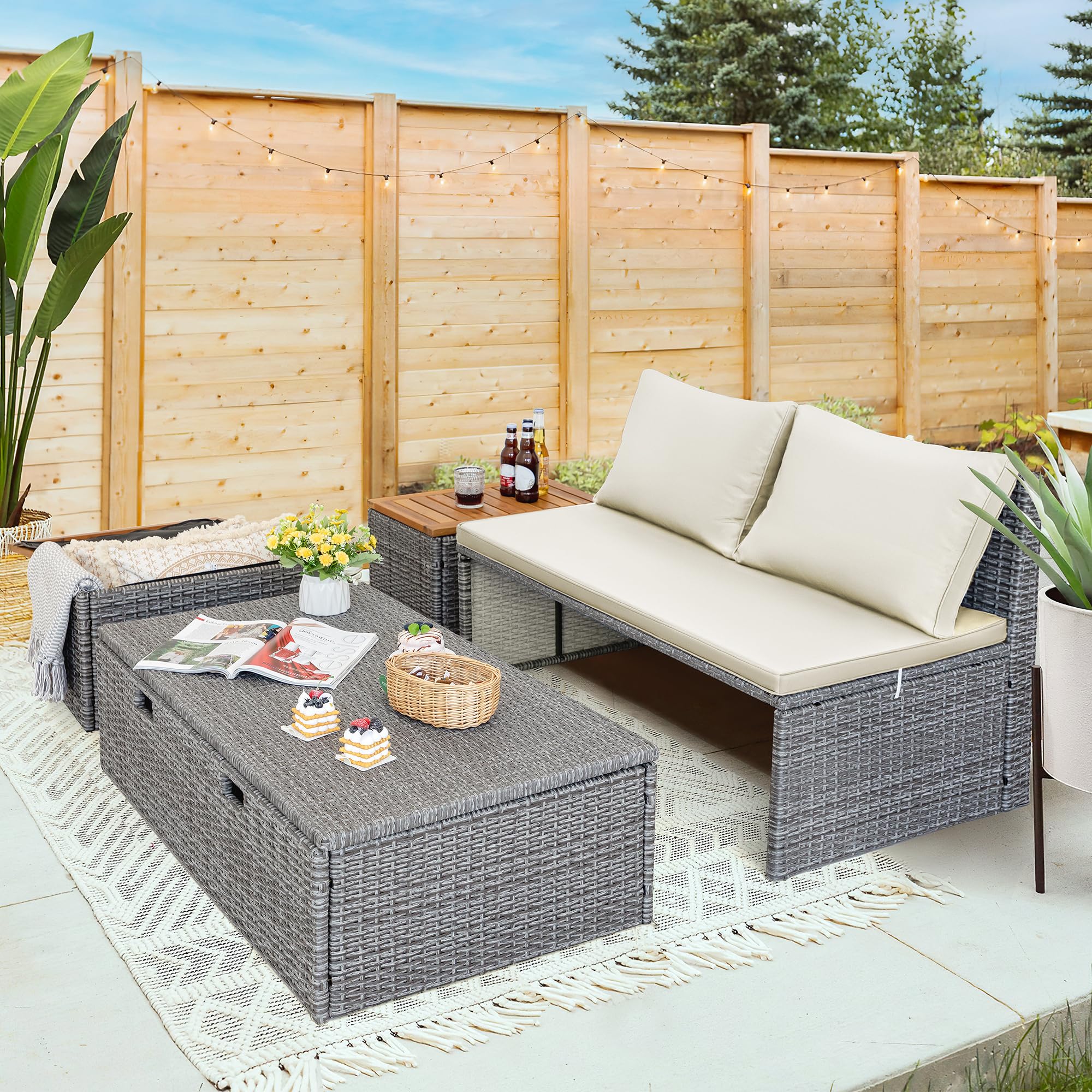 Devoko Outdoor Daybed Set - Multifunctional Patio Lounge Bed with 2 Side Tables, Wicker Rattan Furniture for Backyard, Porch, Poolside, Lawn & Beach (Beige White) - Perfect for Sunbathing, Relaxing & Outdoor Entertaining