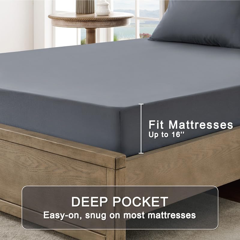 FreshCulture Queen Sheet Set - Ultra Soft Brushed Microfiber Bed Sheets for Queen Size Bed with Deep Pockets | Cooling, Breathable & Easy Care | 4-Piece Luxury Hotel Quality Bedding (Dark Grey) - Perfect for Home, Dorm, Guest Room & Airbnb