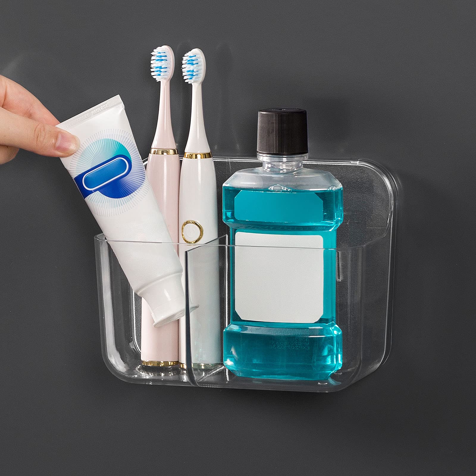 Ettori Toothbrush Holder - 2 Compartment Wall Mounted Bathroom Organizer, No Drill Adhesive Shower Caddy for Toothbrushes & Essentials - Clear Plastic Storage Solution for Bathroom, Kitchen & Small Spaces