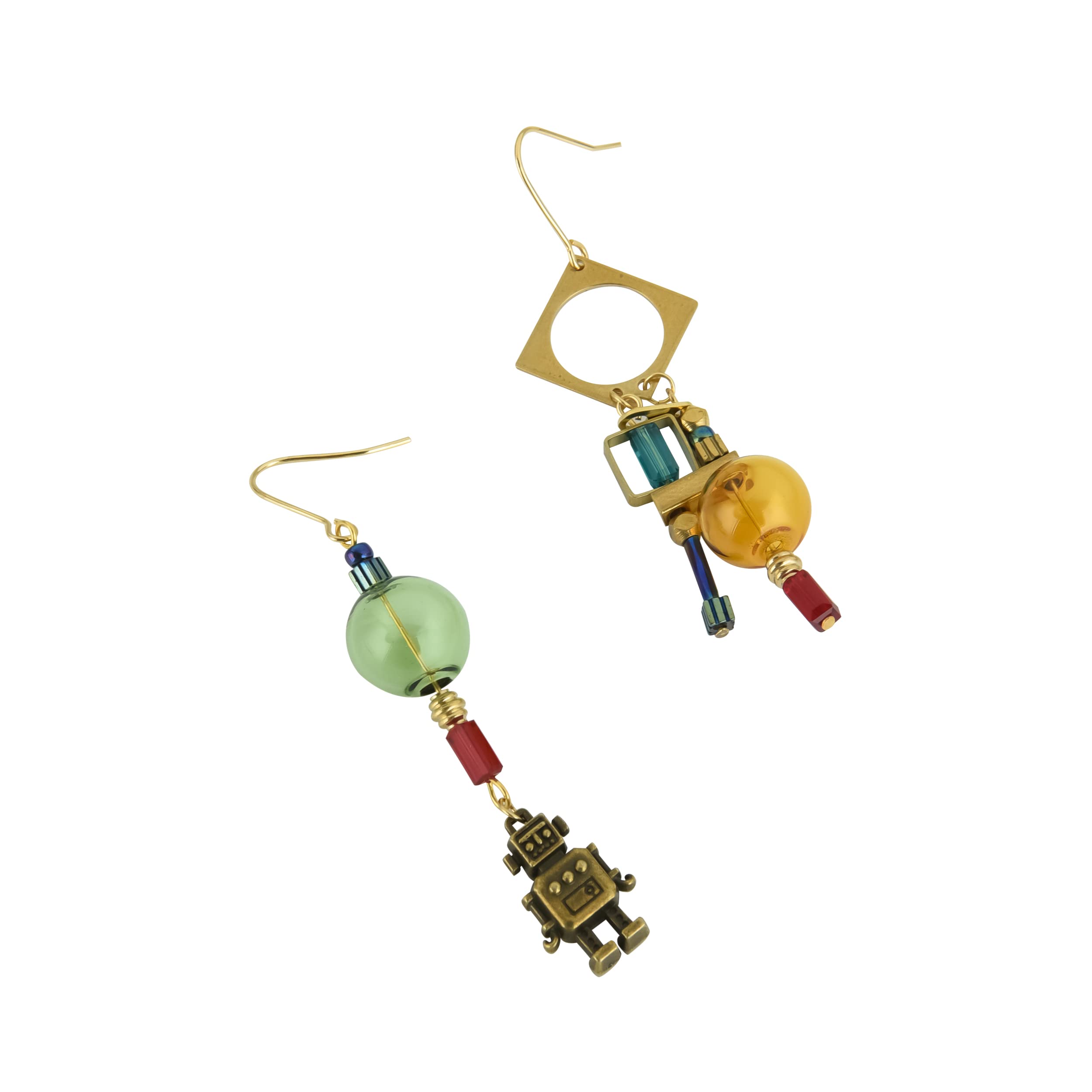 Steampunk Earrings for Women - Industrial Robot Mismatched Dangle Earrings with Yellow Glass Balls | Vintage Gothic Jewelry for Cosplay, Halloween & Alternative Fashion