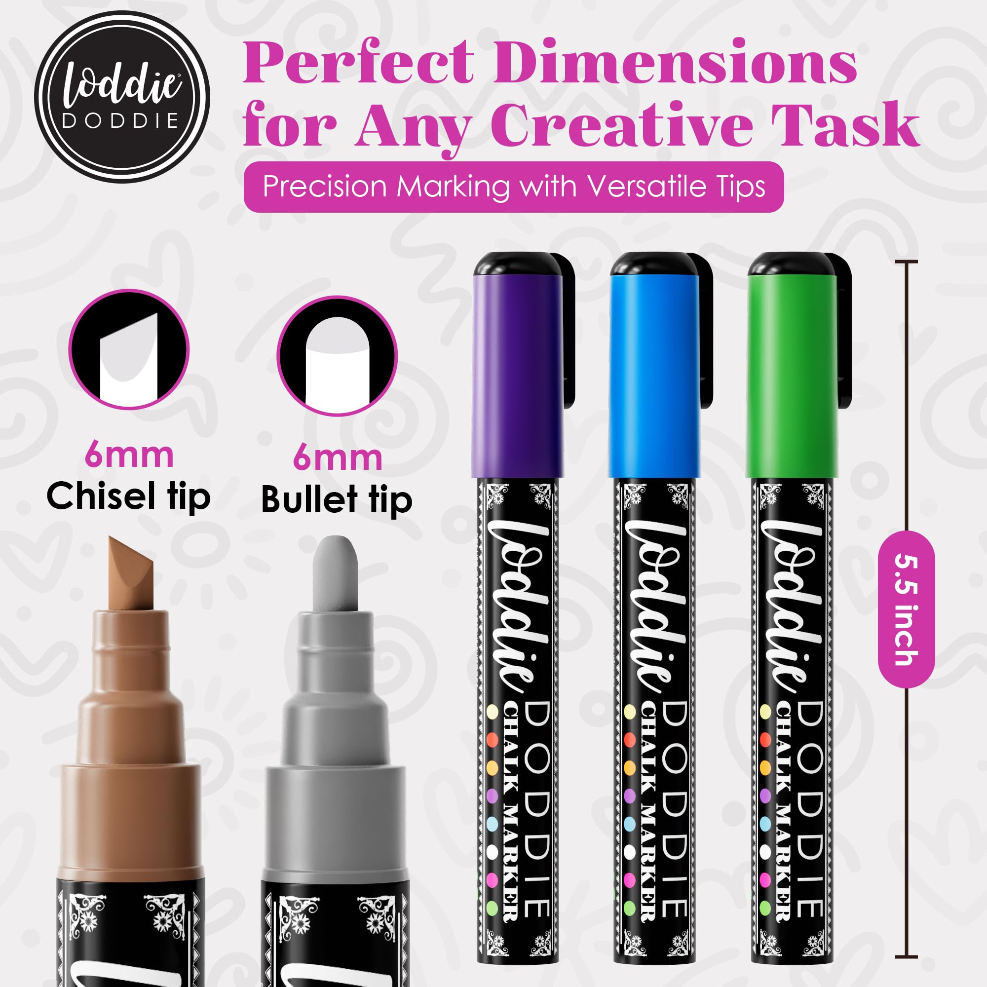 Loddie Doddie Metallic Liquid Chalk Markers - 8 Pack with 6mm Reversible Chisel & Bullet Tips - Erasable Chalk Pens for Chalkboards, Whiteboards, Glass & Windows - Perfect for Restaurants, Classrooms, Events & DIY Crafts