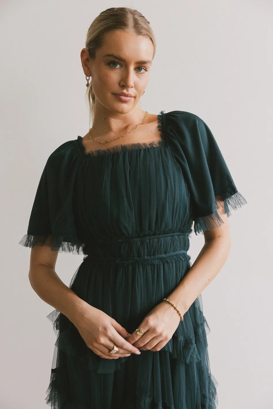 Eugena Ruffled Maxi Dress in Hunter Green - Flowy Summer Dress for Women, Beach Wedding Guest Outfit, Boho Chic Fashion | Final Sale