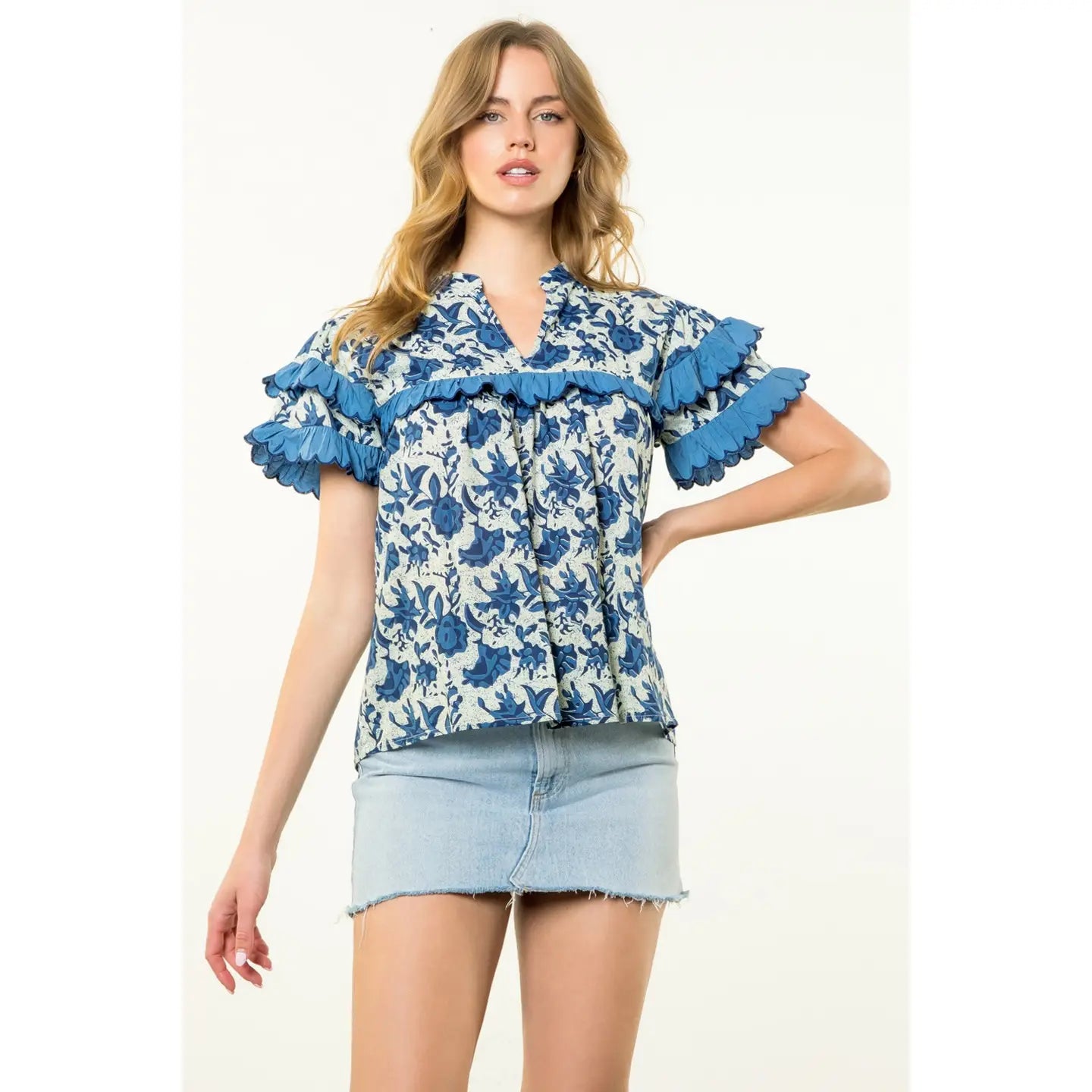 Finley Ruffle Top for Women - Elegant Floral Print Blouse with Ruffled Sleeves & V-Neck | Perfect for Casual Wear, Office Outfits & Date Nights