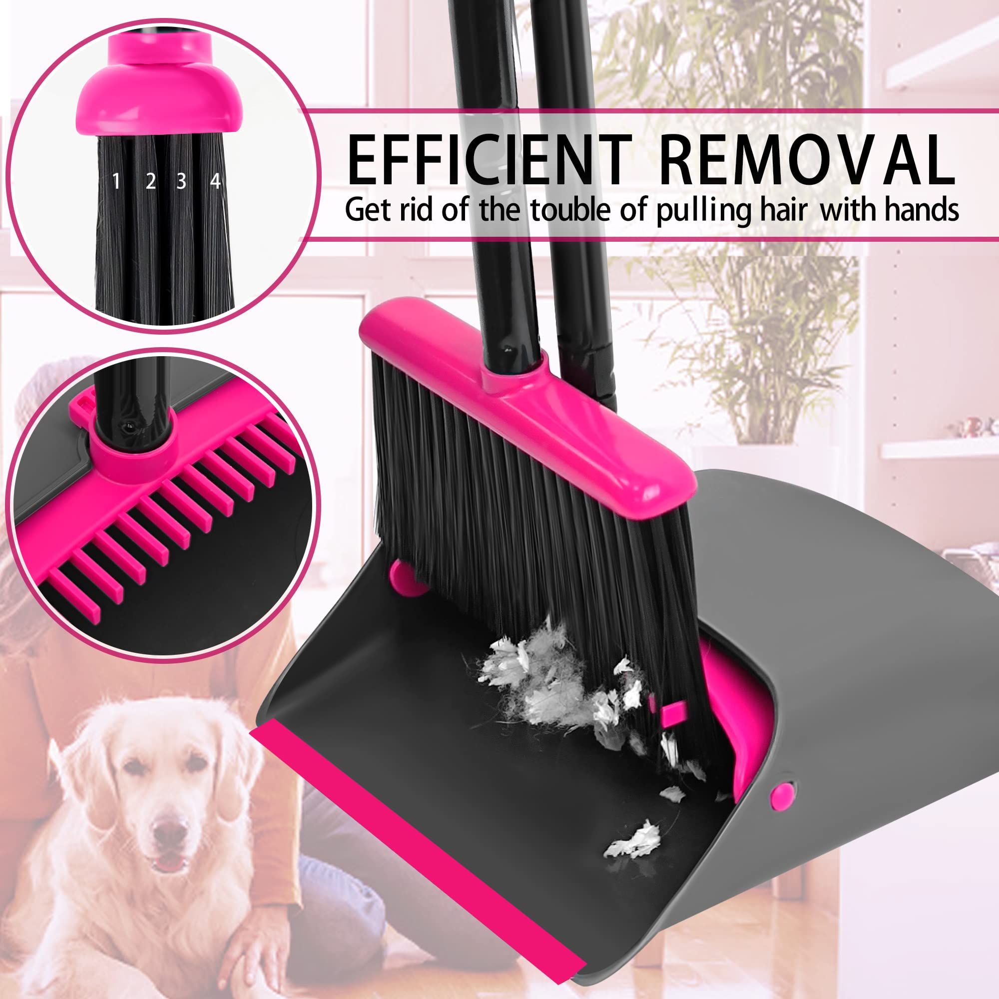 JEHONN Broom and Dustpan Set - Lightweight Long Handle Indoor Sweeping Kit with Upright Standing Dustpan & Comb Teeth - Perfect for Home, Kitchen, Office & Lobby Cleaning (Rose Red) | Space-Saving Storage & Easy Sweeping Solution
