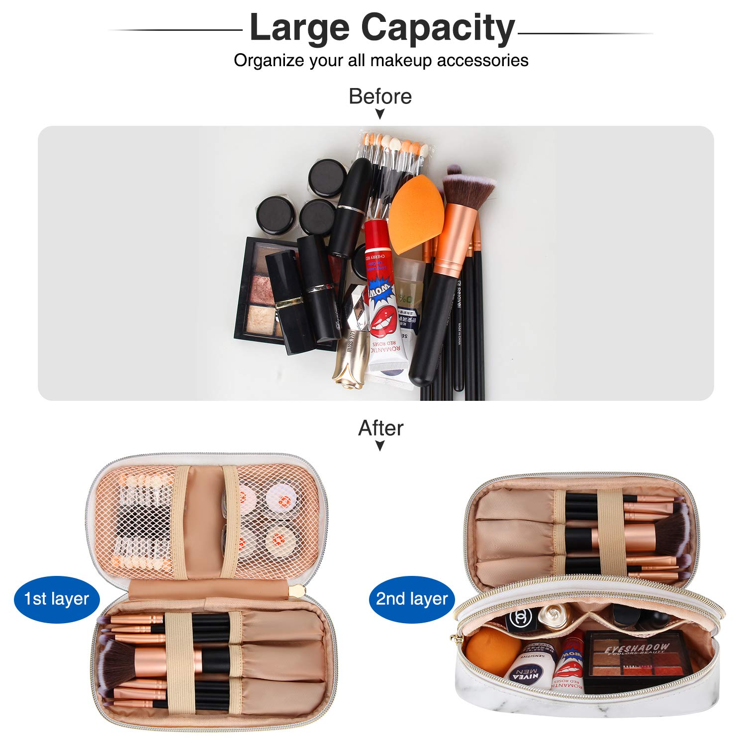 MONSTINA Women's Makeup Bag Travel Organizer - Cosmetic & Brush Pouch for On-the-Go Beauty