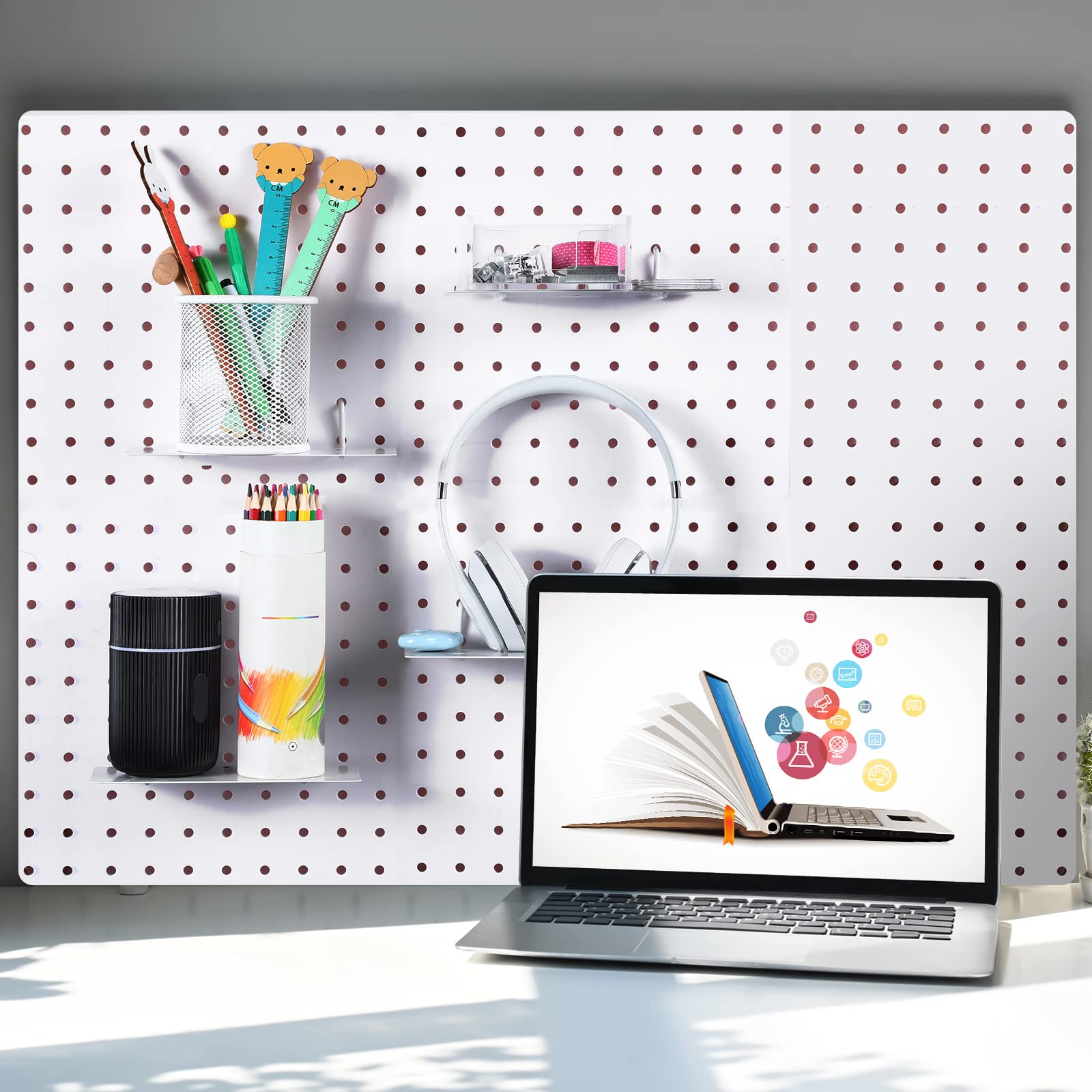 4 Pack White Pegboard Shelves - 7 x 3 Inch Steel Wall Organizer Brackets & Tray for Craft Room, Home Garage, Nursery, Workbench & Kitchen Storage | Heavy Duty Pegboard Accessories & Organizing Tools