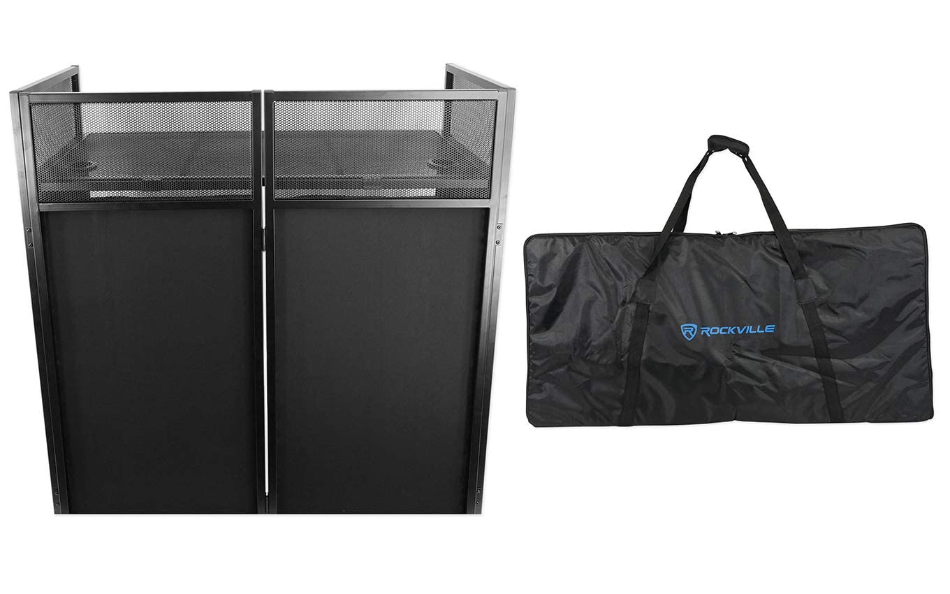 Rockville ROCKBOOTH DJ Event Booth Facade with 20” x 40” Built-in Table, Travel Bag & Scrims - Perfect for DJ Gigs, Wedding Receptions, and Corporate Events