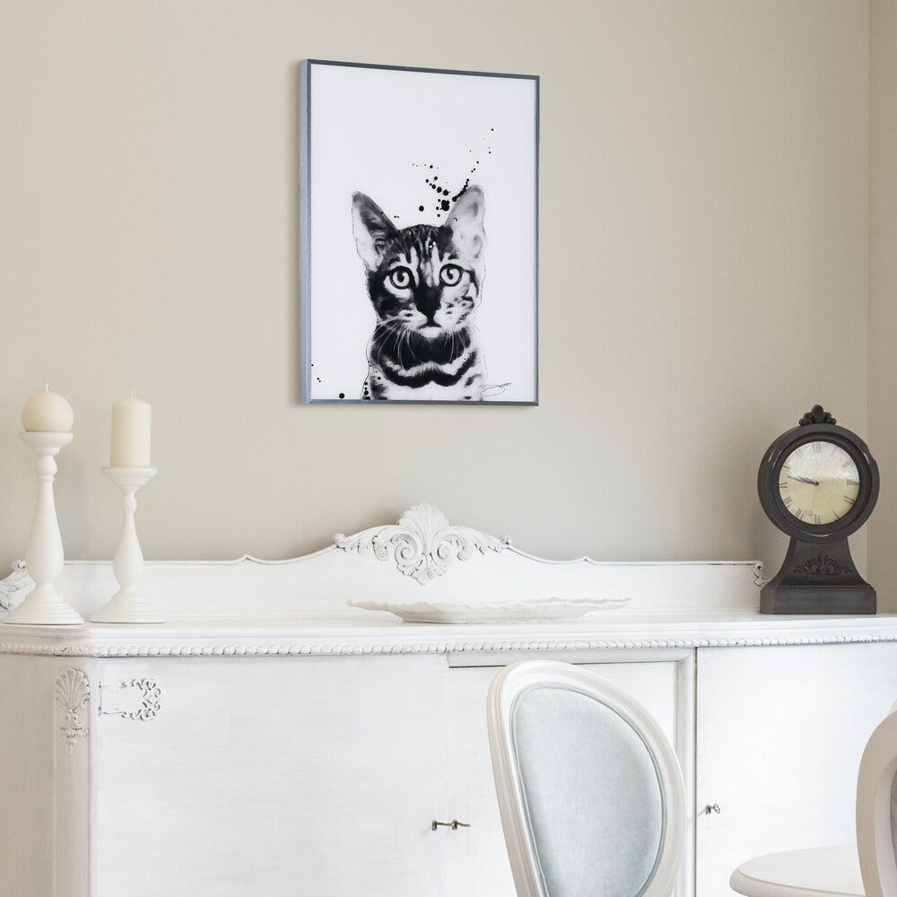 Bengal Cat Black and White Dog Wall Art - Reverse Printed Glass with Gunmetal Frame - Perfect for Living Room, Bedroom & Office Decor