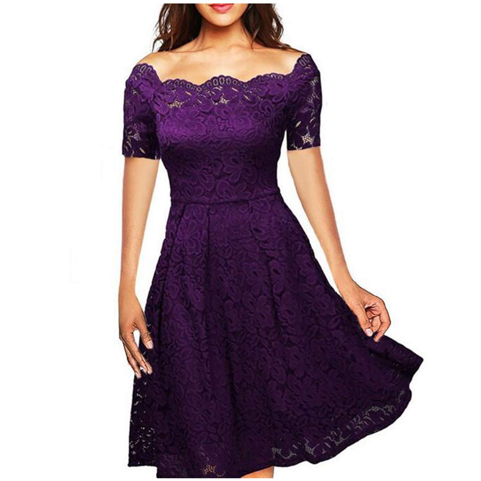 NIUQI Women's Vintage Lace Cocktail Dress - Off Shoulder Short Sleeve Double Layer Wedding Guest Evening Gown - Perfect for Bridal Showers, Garden Parties & Formal Events