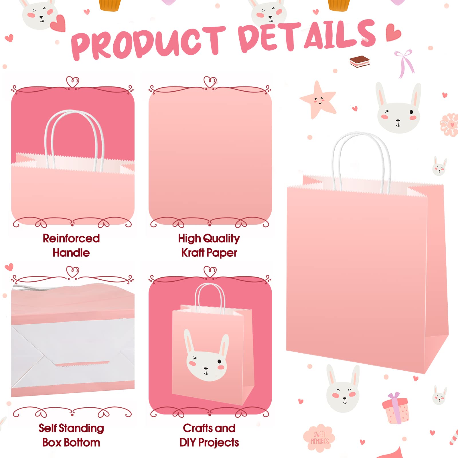 Sabary 75 Pcs Kraft Paper Gift Bags with Handles - Eco-Friendly Retail Shopping Bags for Parties, Weddings & Business Merchandise (3 Sizes, Pink) - Perfect for Birthday Gifts, Store Packaging & Event Favors
