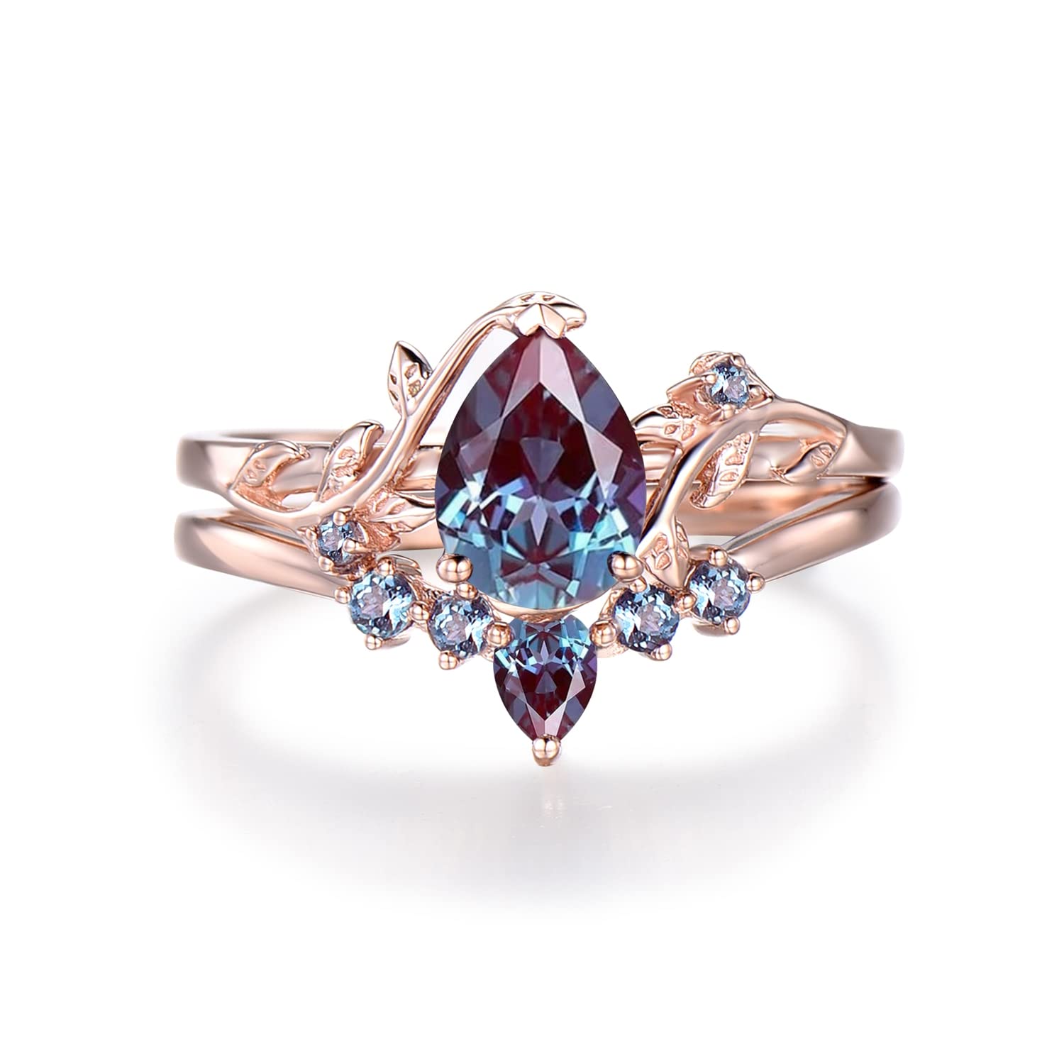 1.25ct Teardrop Color-Changing Alexandrite Bridal Set - Nature Inspired Pear Alexandrite Engagement Ring with Leaf Vine Branch Wedding Band - Unique June Birthstone Gift for Anniversary, Proposal & Bridal Jewelry - Perfect for Weddings, Engagements & Special Occasions - Includes Gift Box
