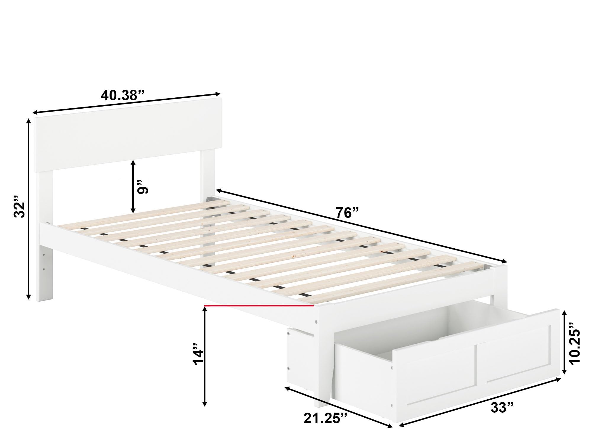 AFI Boston White Twin Size Platform Bed with Storage Drawer - Perfect for Small Bedrooms, Kids Rooms & Dormitories